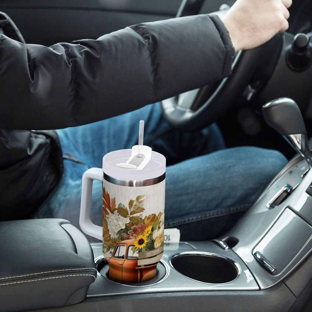 40 oz Insulated Stainless Steel Tumbler Double Wall Stainless Steel Tumbler with 2-Way Drinking Truck Full Of Pumpkins - JEDA