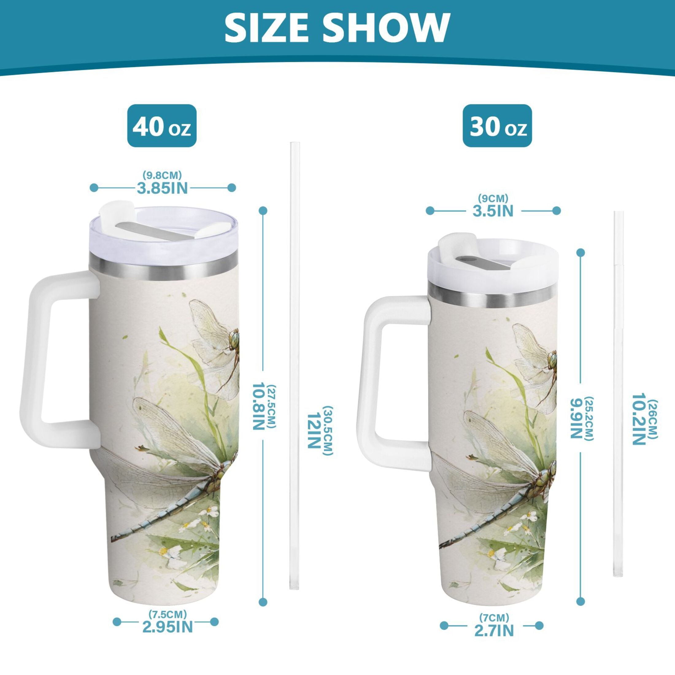 30 oz Insulated Stainless Steel Tumbler Double Wall Stainless Steel Tumbler with 2-Way Drinking Dragonflies with White Daisies - BM0T