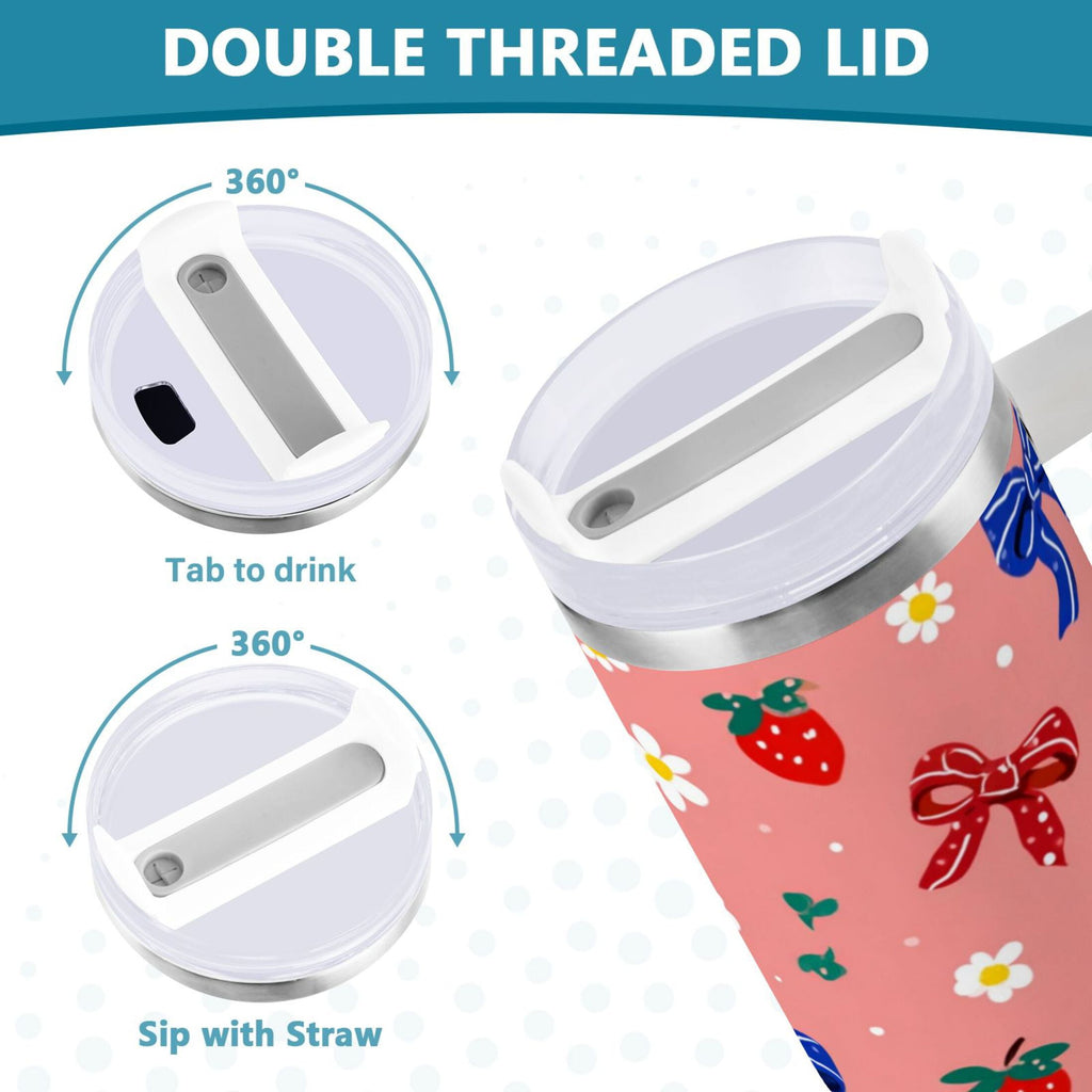 40 oz Insulated Stainless Steel Tumbler Double Wall Stainless Steel Tumbler with 2-Way Drinking Bows and Strawberries Pattern - 4YTT