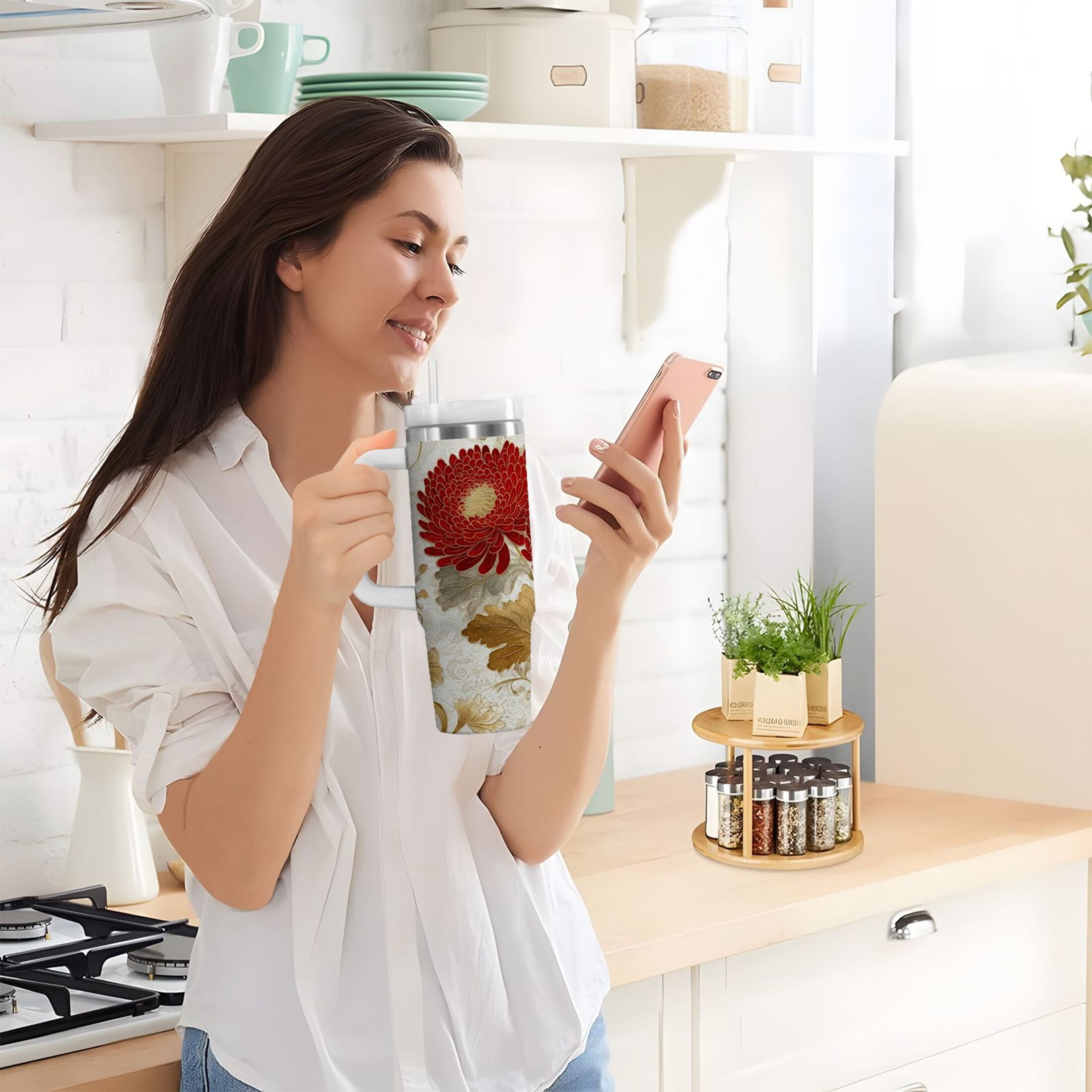 30 oz Insulated Stainless Steel Tumbler Double Wall Stainless Steel Tumbler with 2-Way Drinking Red Chrysanthemum Pattern - PTOO