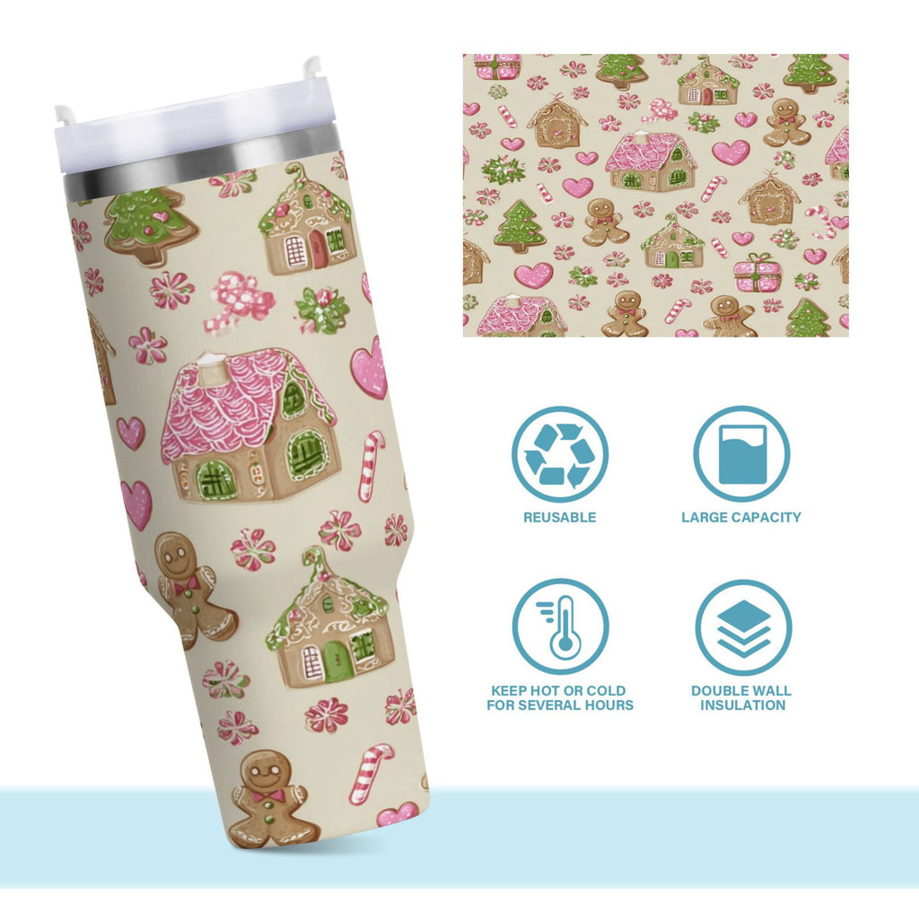 40 oz Insulated Stainless Steel Tumbler Double Wall Stainless Steel Tumbler with 2-Way Drinking Pink Cute Christmas Pattern - 5O69