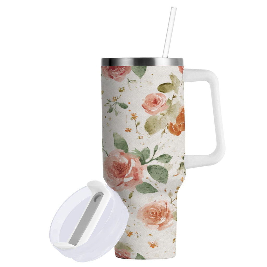 40 oz Insulated Stainless Steel Tumbler Double Wall Stainless Steel Tumbler with 2-Way Drinking Watercolor Rose Floral Pattern - 69D6
