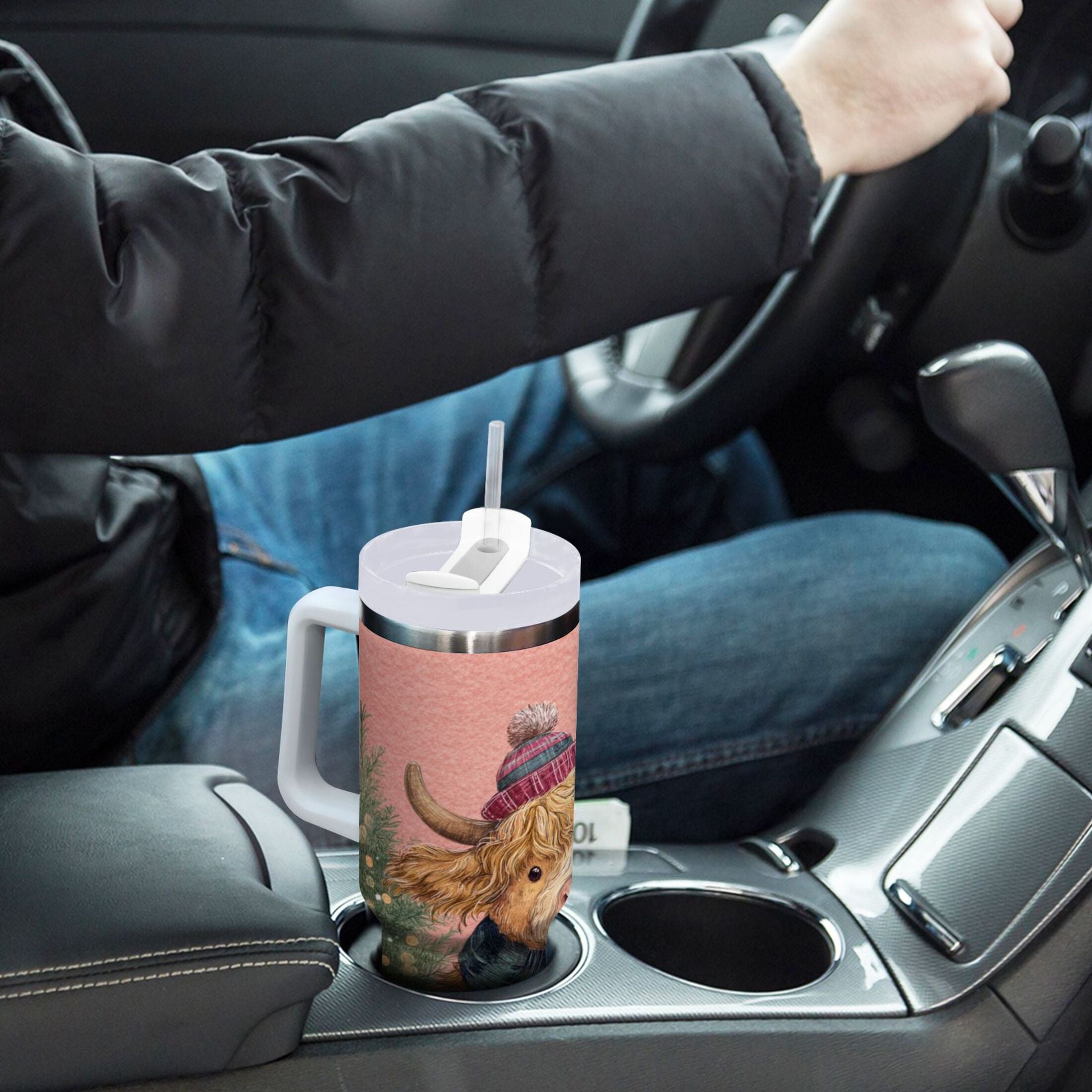 30 oz Insulated Stainless Steel Tumbler Double Wall Stainless Steel Tumbler with 2-Way Drinking Cow Wearing Scarf and Hat - 33SF