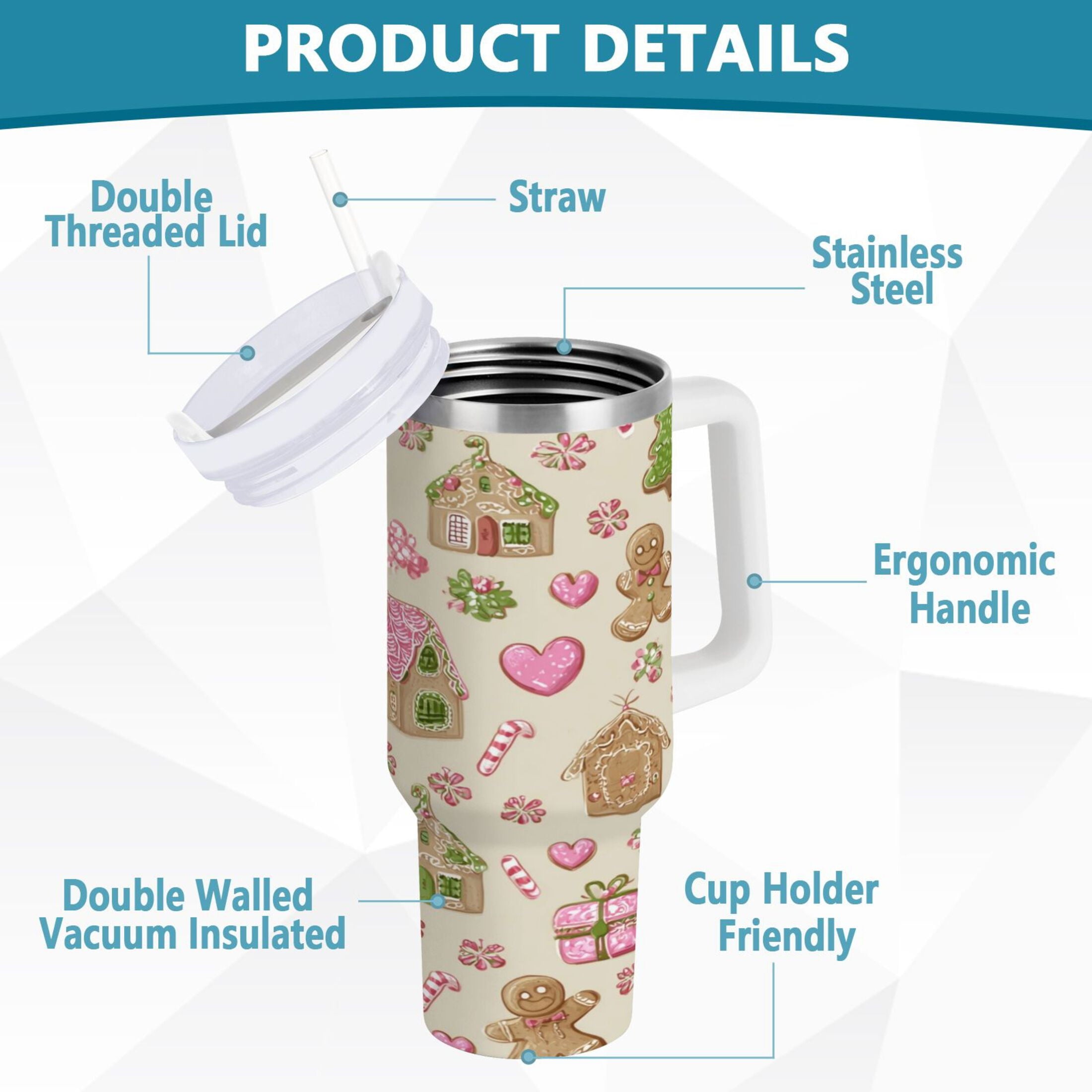 40 oz Insulated Stainless Steel Tumbler Double Wall Stainless Steel Tumbler with 2-Way Drinking Pink Cute Christmas Pattern - 5O69