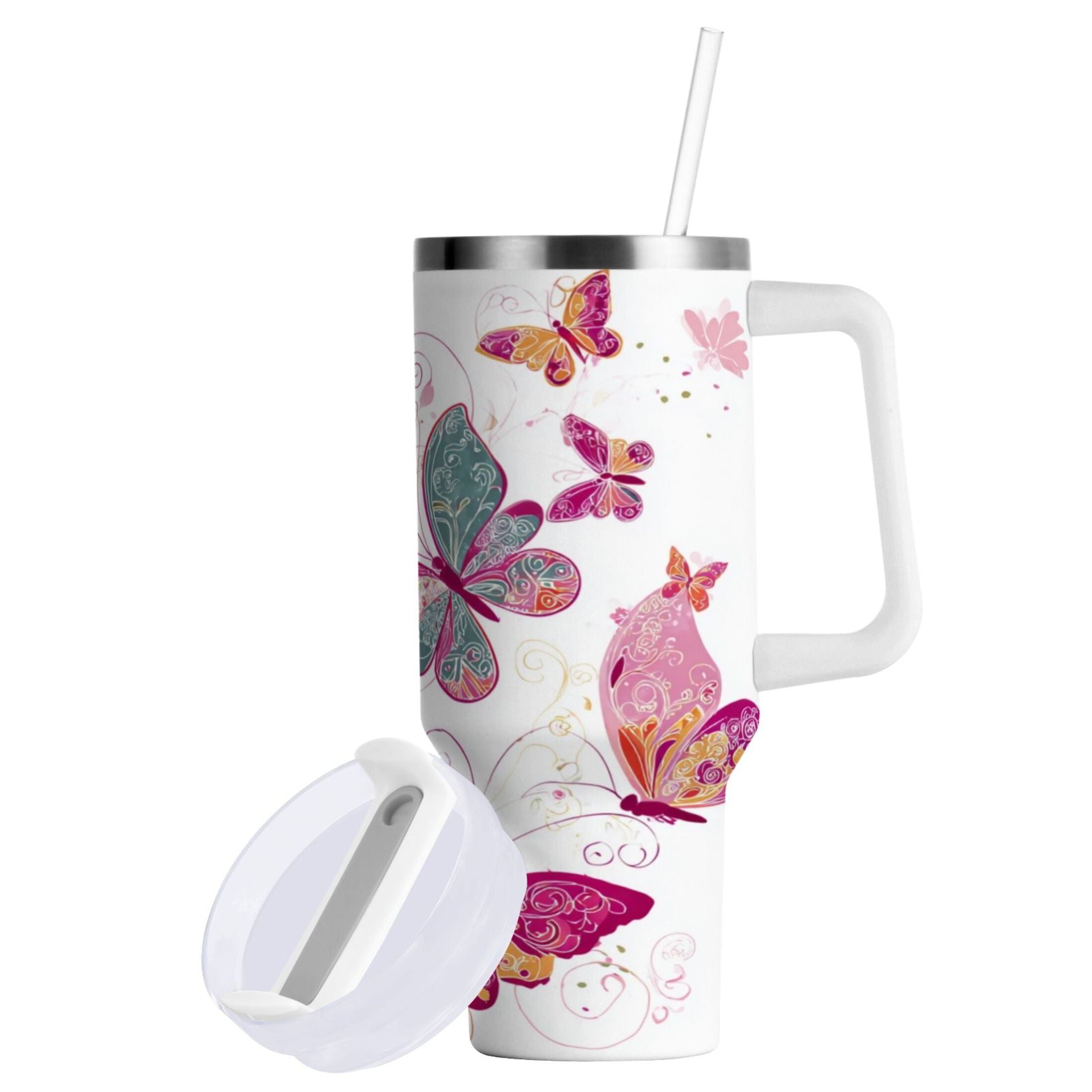 30 oz Insulated Stainless Steel Tumbler Double Wall Stainless Steel Tumbler with 2-Way Drinking Colorful Butterflies - UOAG
