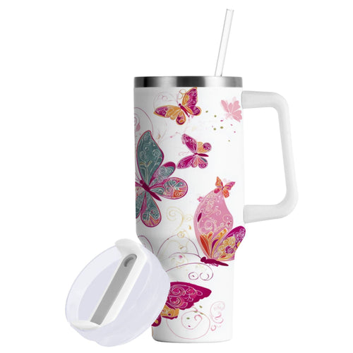 30 oz Insulated Stainless Steel Tumbler Double Wall Stainless Steel Tumbler with 2-Way Drinking Colorful Butterflies - UOAG