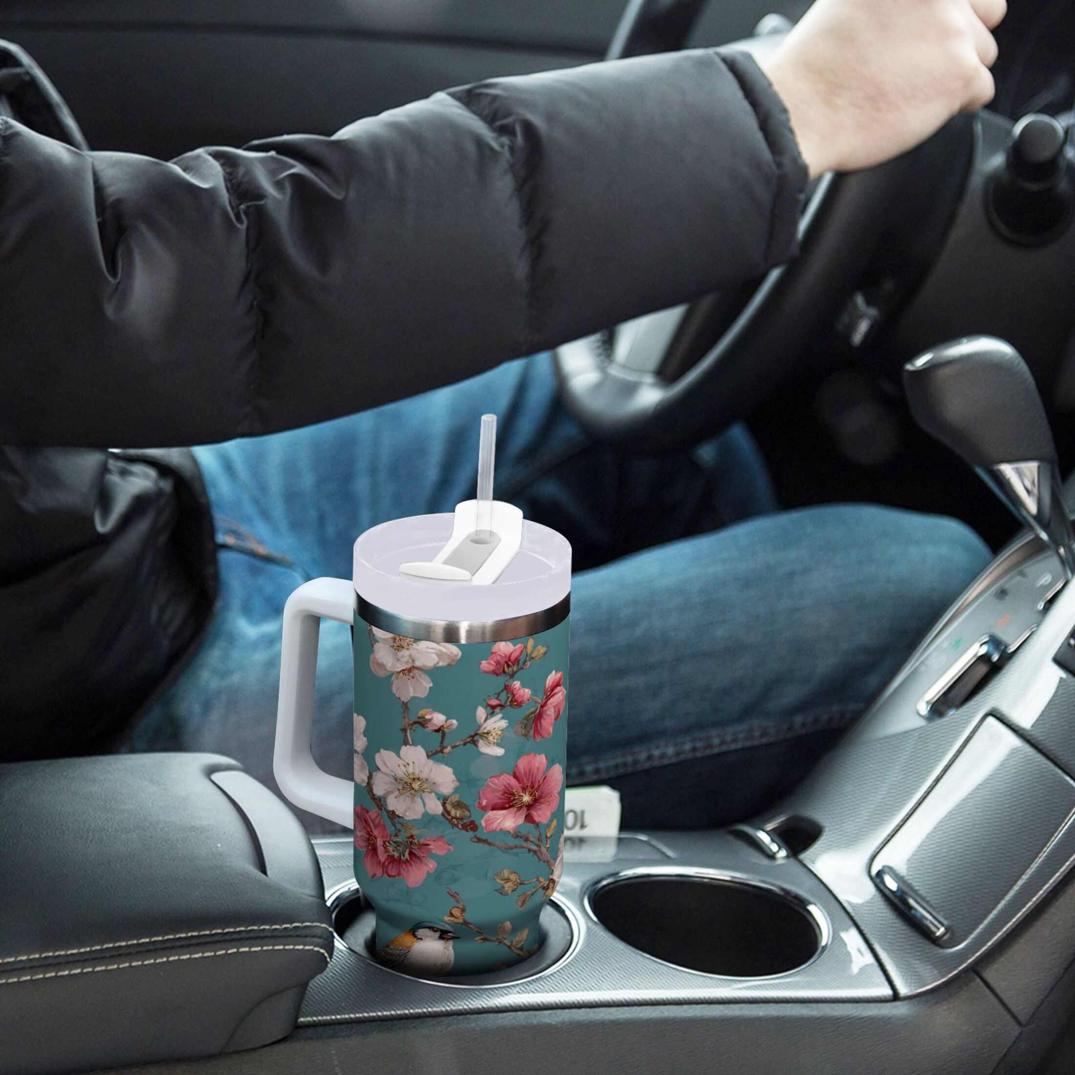 30 oz Insulated Stainless Steel Tumbler Double Wall Stainless Steel Tumbler with 2-Way Drinking Birds and Cherry Pattern - I5FV
