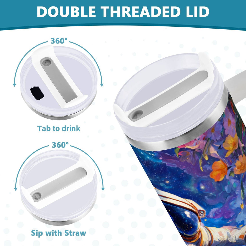 40 oz Insulated Stainless Steel Tumbler Double Wall Stainless Steel Tumbler with 2-Way Drinking Astronaut and Colorful Flowers - AYMO