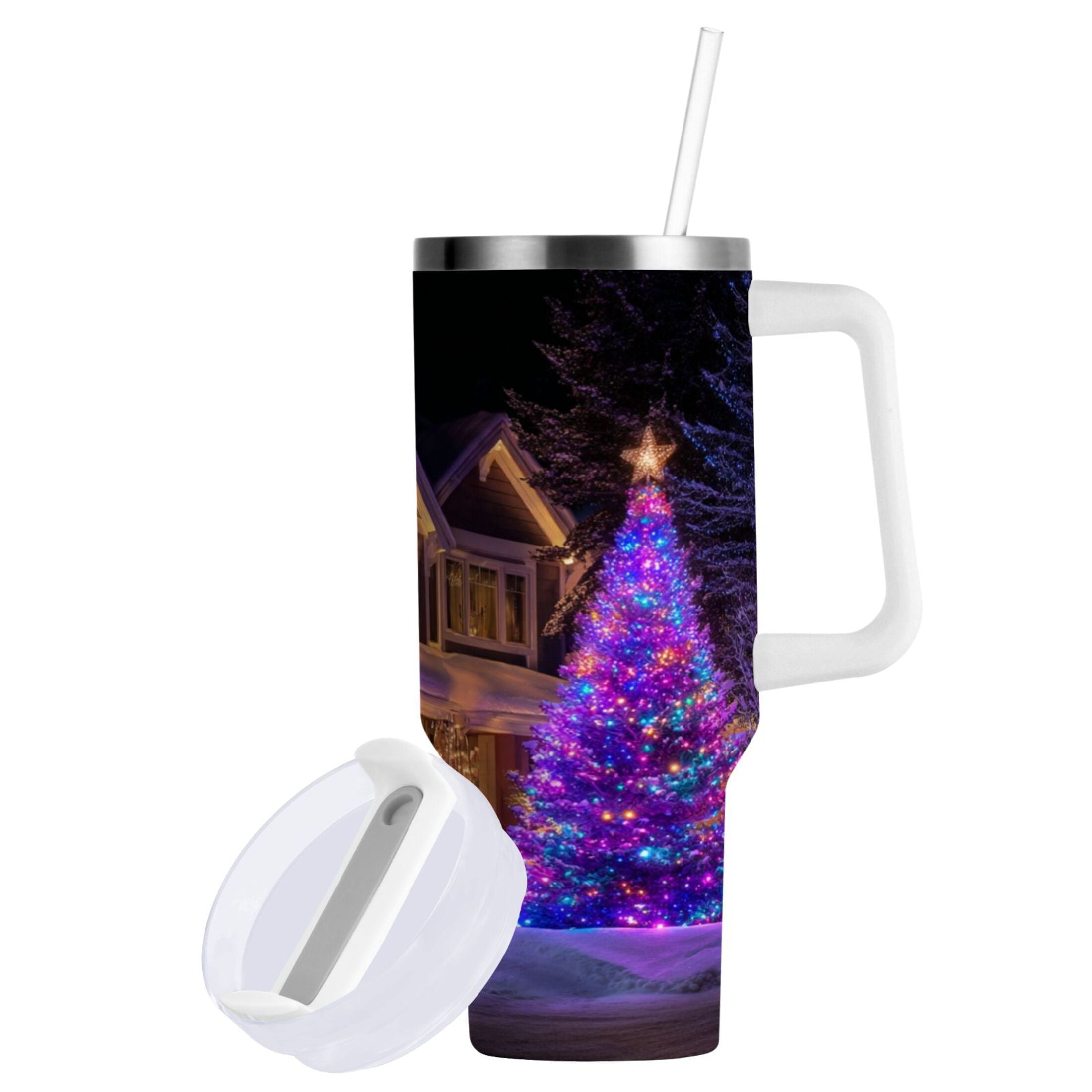 40 oz Insulated Stainless Steel Tumbler Double Wall Stainless Steel Tumbler with 2-Way Drinking Christmas Trees with Lights - EWR7
