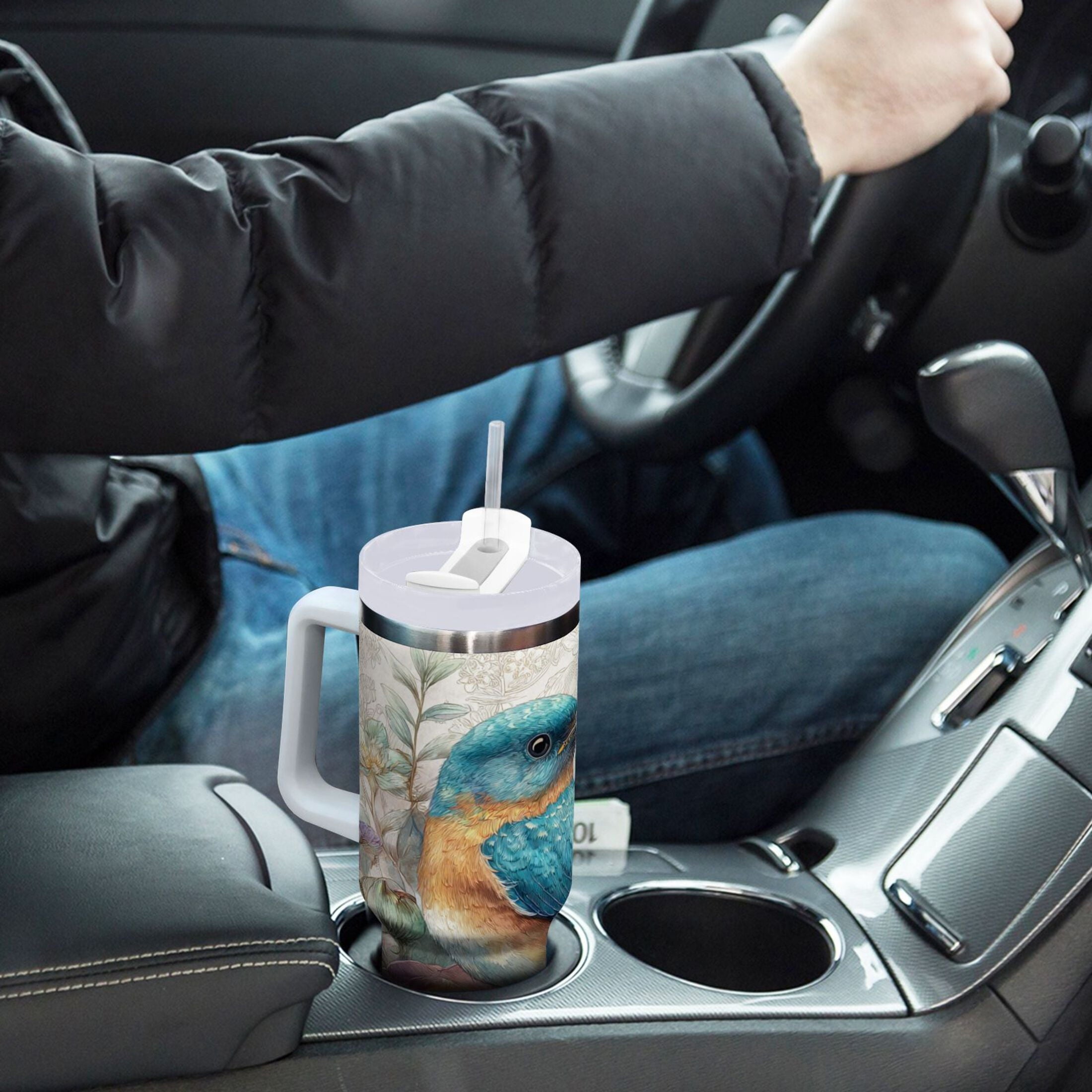 30 oz Insulated Stainless Steel Tumbler Double Wall Stainless Steel Tumbler with 2-Way Drinking Bluebird and Flower - NPKB