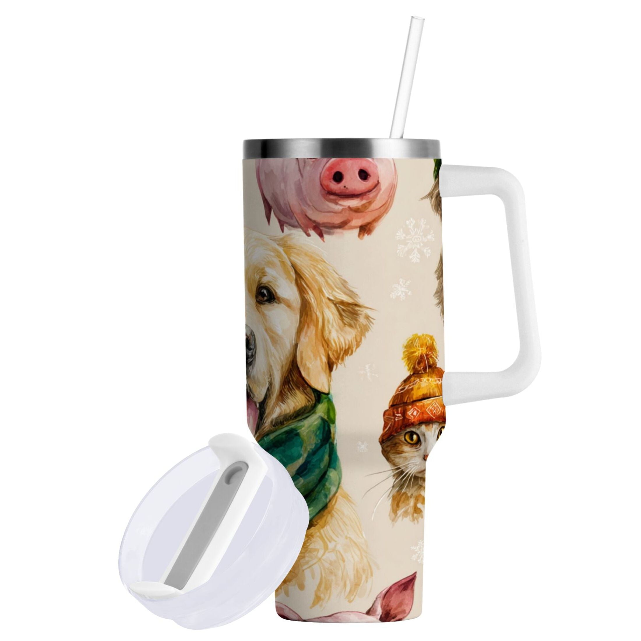30 oz Insulated Stainless Steel Tumbler Double Wall Stainless Steel Tumbler with 2-Way Drinking Watercolor Animals Pattern - YTG7