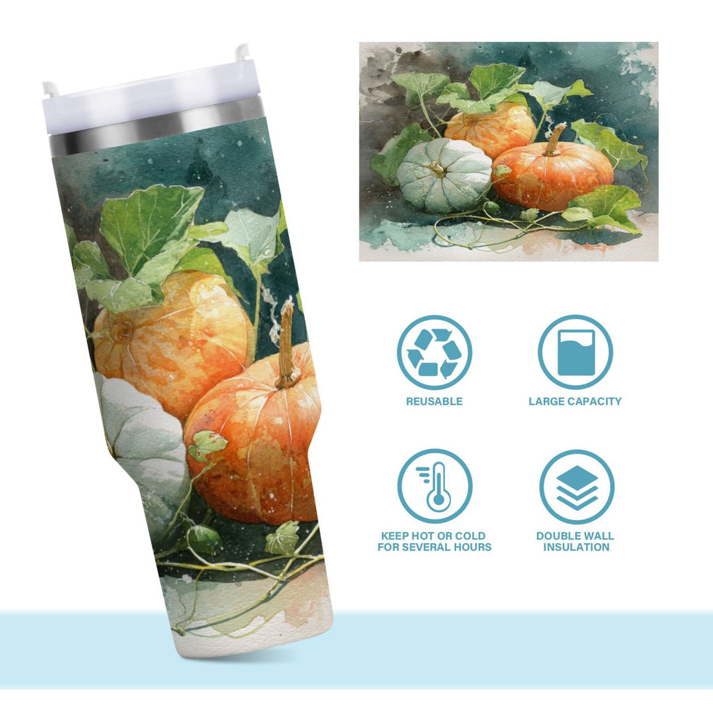 40 oz Insulated Stainless Steel Tumbler Double Wall Stainless Steel Tumbler with 2-Way Drinking Orange and White Pumpkins - 4FTC