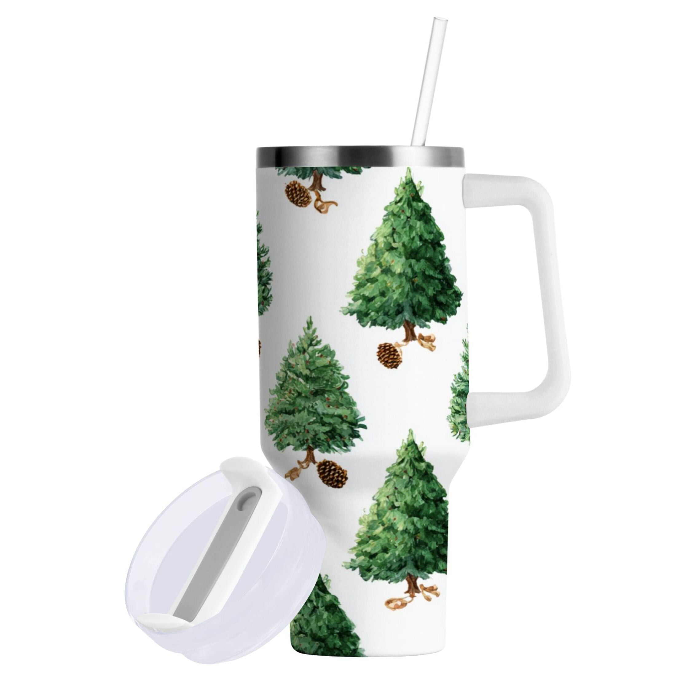 30 oz Insulated Stainless Steel Tumbler Double Wall Stainless Steel Tumbler with 2-Way Drinking Watercolor Green Christmas Tree - HY7R