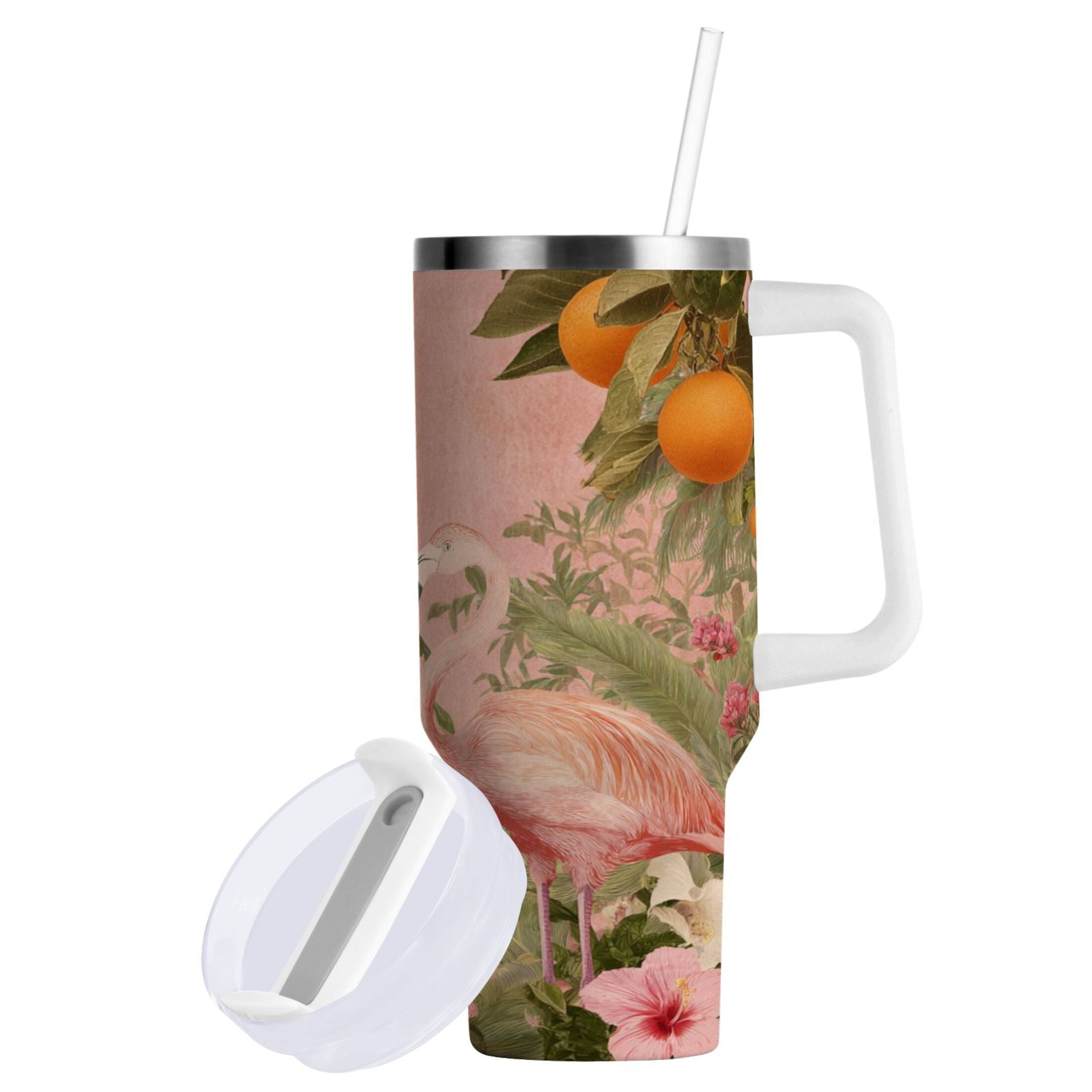 40 oz Insulated Stainless Steel Tumbler Double Wall Stainless Steel Tumbler with 2-Way Drinking Flamingos in Tropical Garden - YBT5