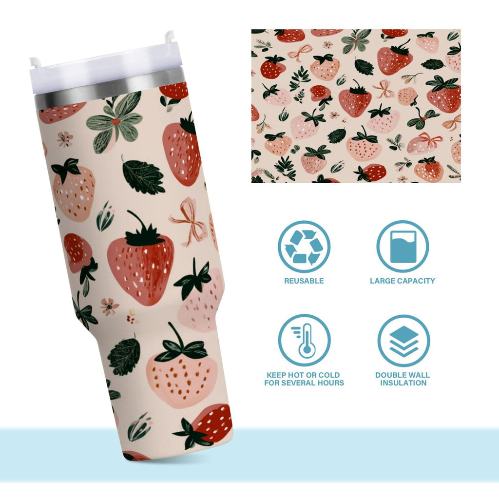 30 oz Insulated Stainless Steel Tumbler Double Wall Stainless Steel Tumbler with 2-Way Drinking Cute Pinks Strawberries - LON2