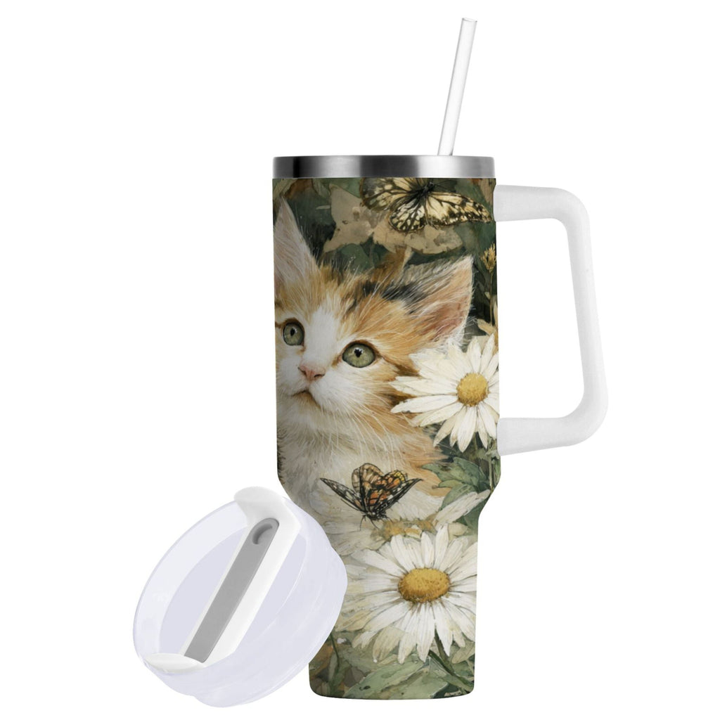 30 oz Insulated Stainless Steel Tumbler Double Wall Stainless Steel Tumbler with 2-Way Drinking Adorable Cats and Daisies - NPCU