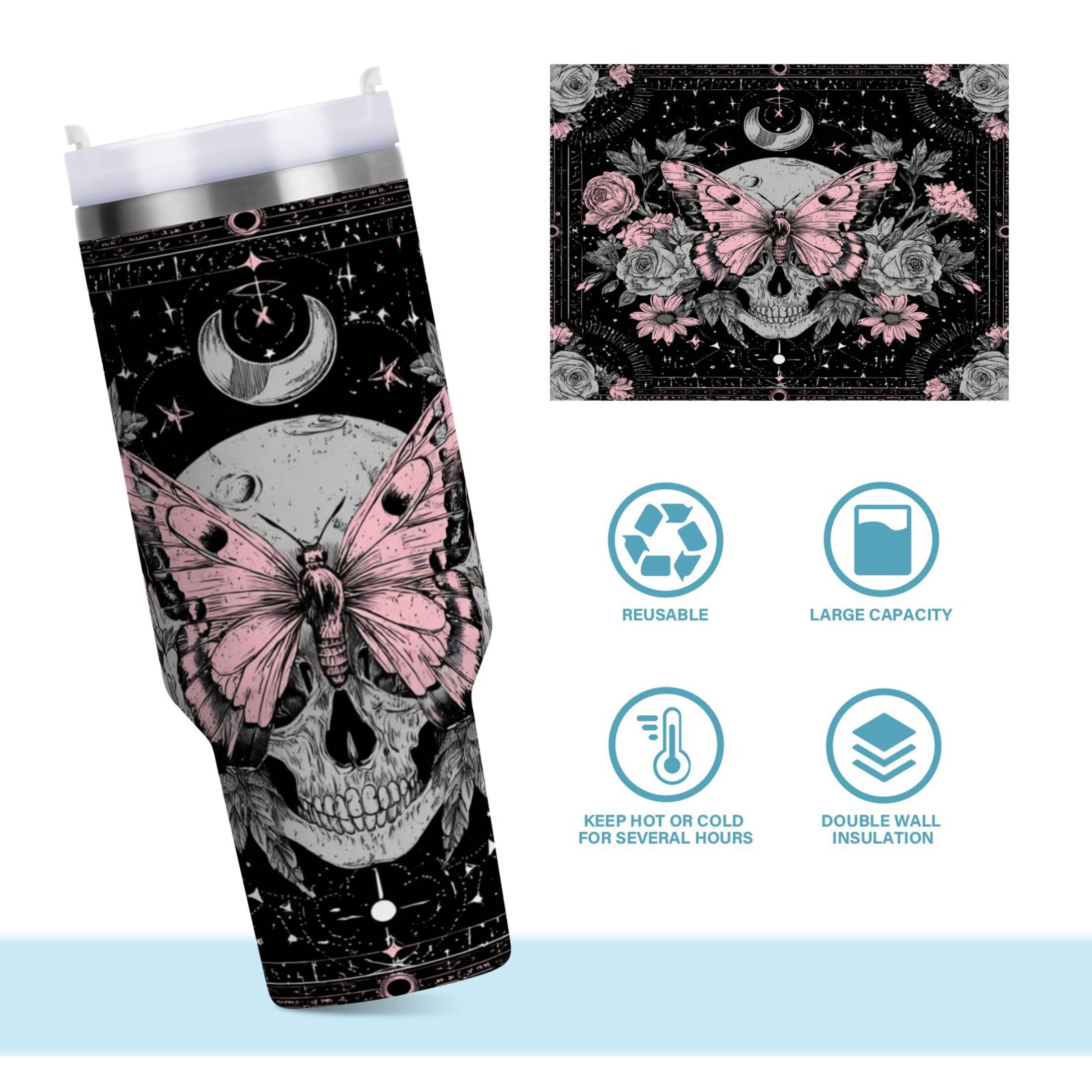 30 oz Insulated Stainless Steel Tumbler Double Wall Stainless Steel Tumbler with 2-Way Drinking Butterfly by Moon and Flowers - AR3P