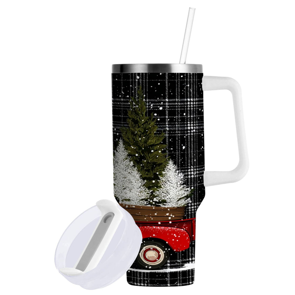 40 oz Insulated Stainless Steel Tumbler Double Wall Stainless Steel Tumbler with 2-Way Drinking Red Truck with Christmas Tree - CG7X