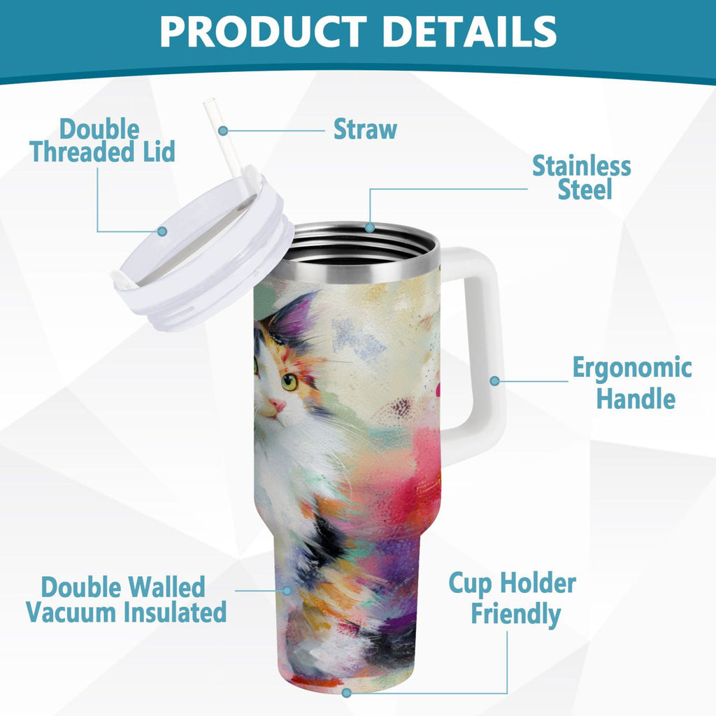 30 oz Insulated Stainless Steel Tumbler Double Wall Stainless Steel Tumbler with 2-Way Drinking Charming Hairy Cat - S3VA