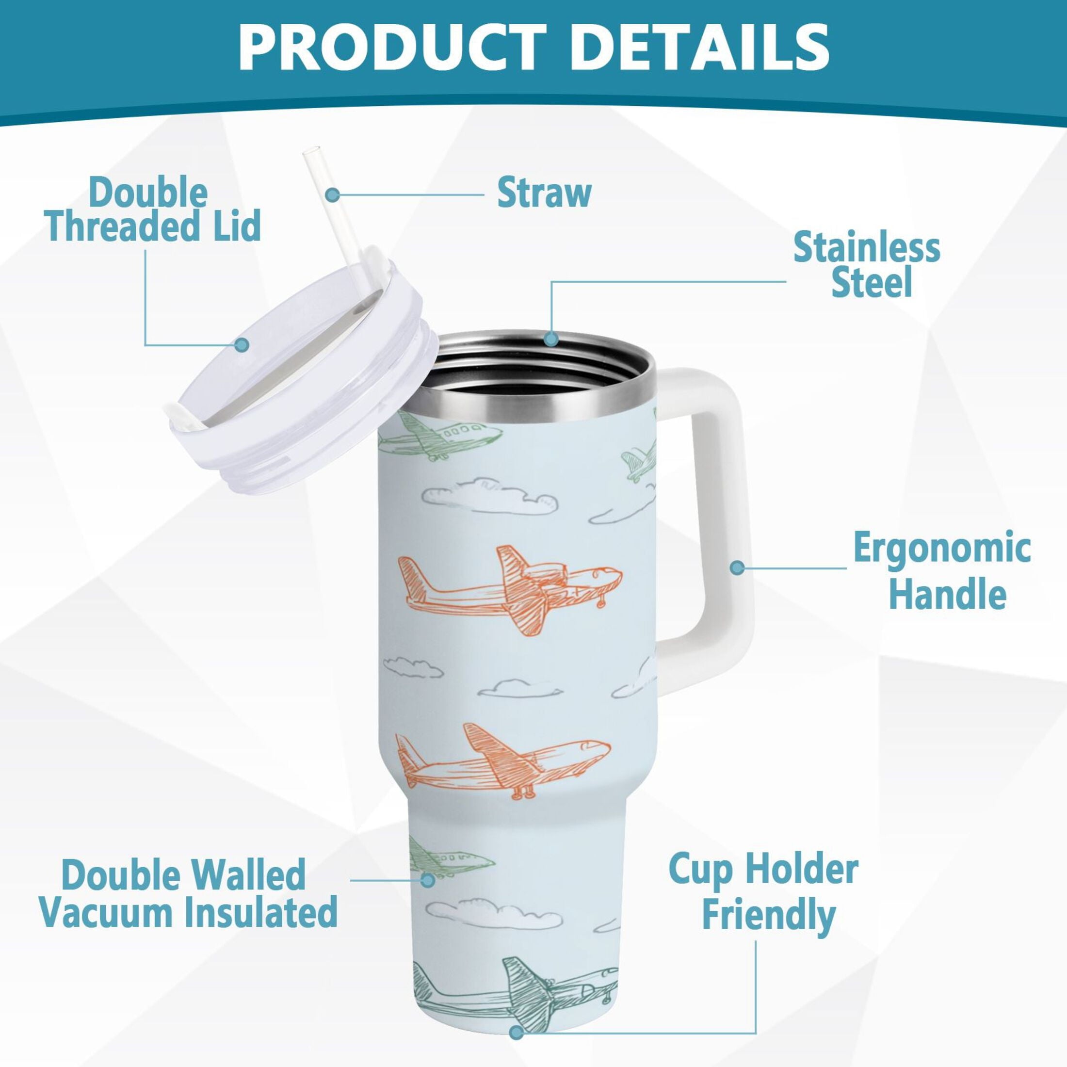 30 oz Insulated Stainless Steel Tumbler Double Wall Stainless Steel Tumbler with 2-Way Drinking Pastel Doodle Airplanes - LVQZ