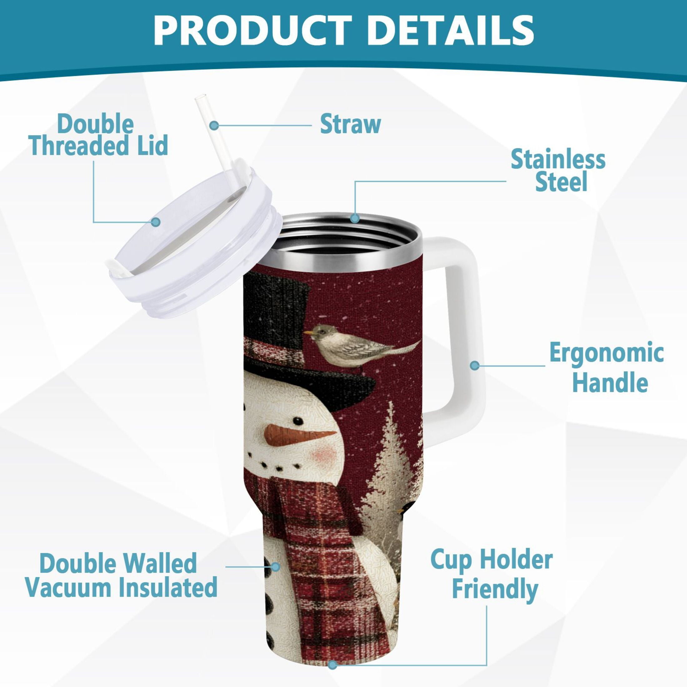 30 oz Insulated Stainless Steel Tumbler Double Wall Stainless Steel Tumbler with 2-Way Drinking Snowman and Birds - OCFG