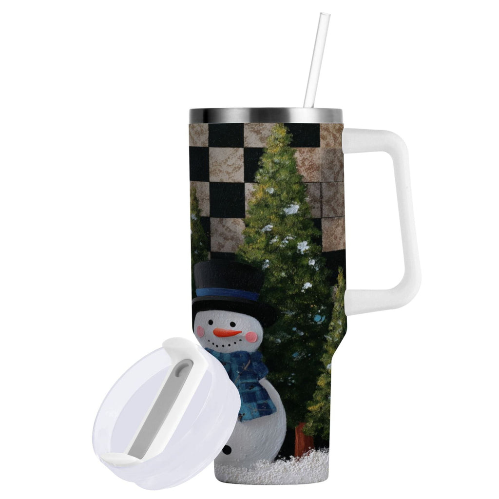 30 oz Insulated Stainless Steel Tumbler Double Wall Stainless Steel Tumbler with 2-Way Drinking Two Snowmen Pattern - QN9D