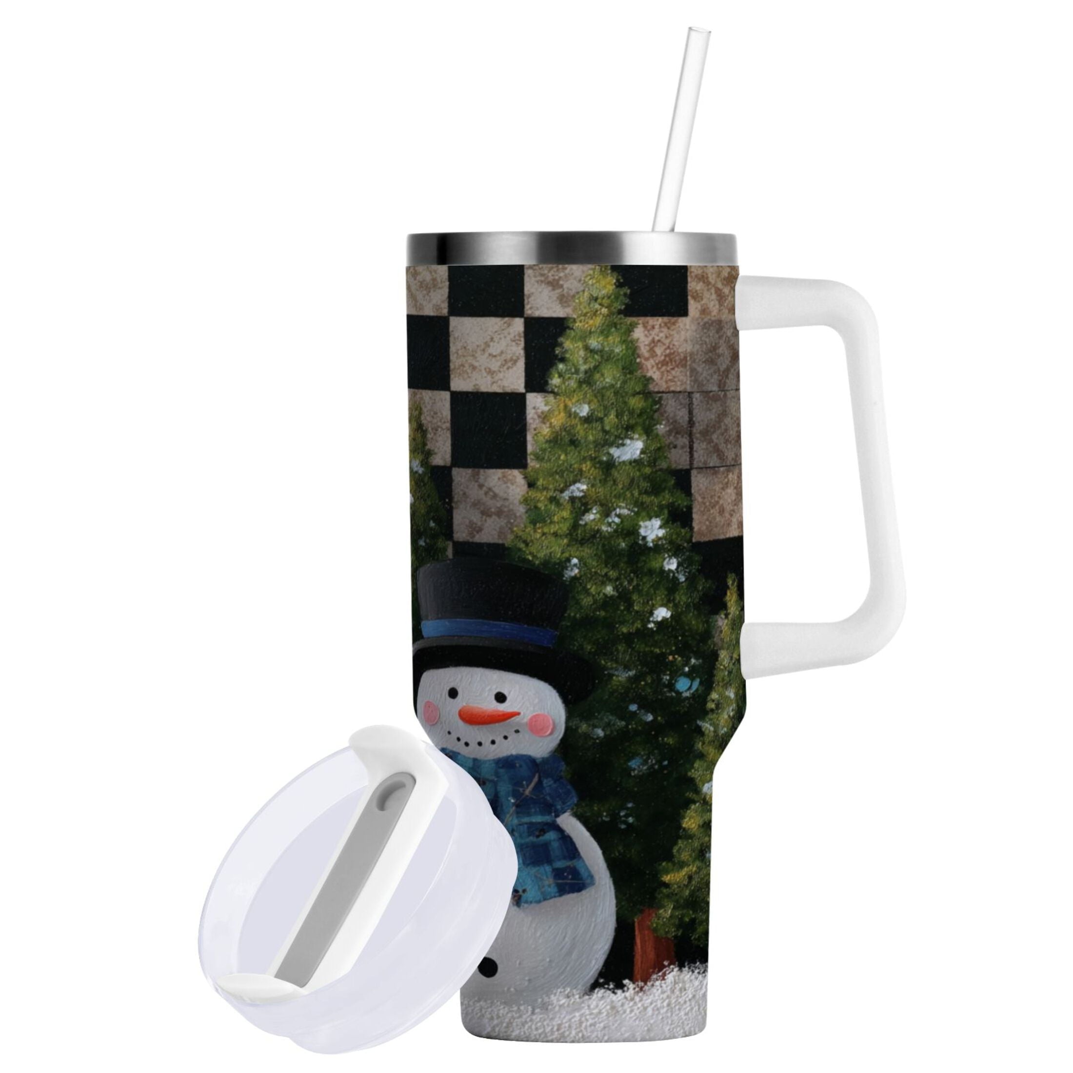 30 oz Insulated Stainless Steel Tumbler Double Wall Stainless Steel Tumbler with 2-Way Drinking Two Snowmen Pattern - QN9D
