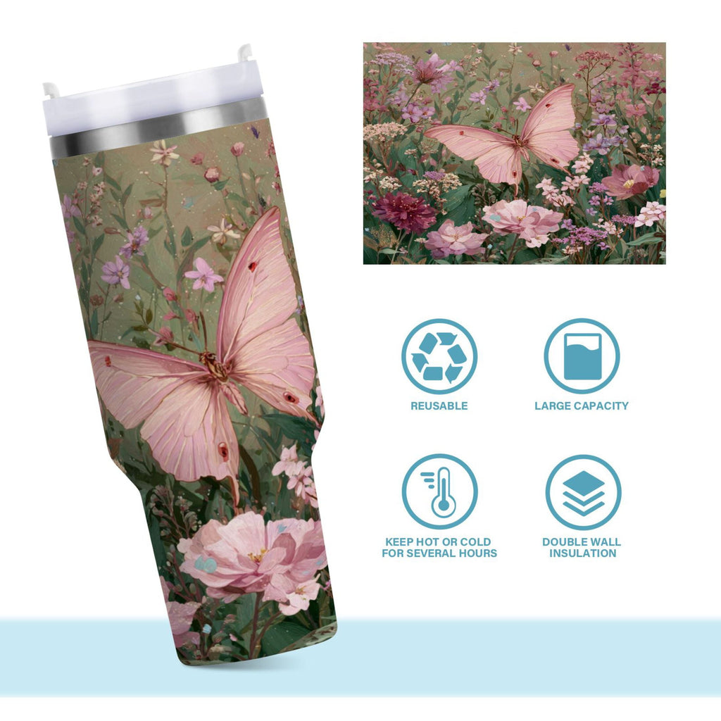 30 oz Insulated Stainless Steel Tumbler Double Wall Stainless Steel Tumbler with 2-Way Drinking Delicate Butterfly - TKQE