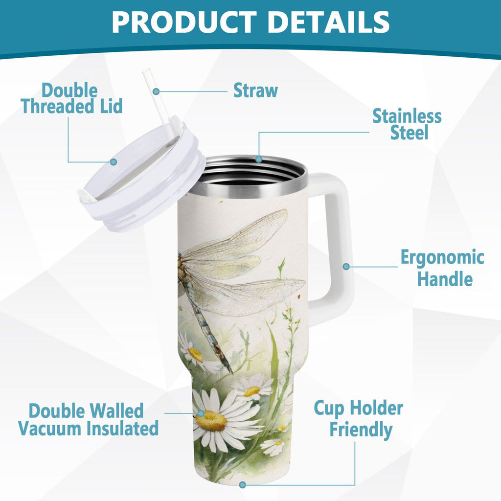 30 oz Insulated Stainless Steel Tumbler Double Wall Stainless Steel Tumbler with 2-Way Drinking Dragonflies with White Daisies - BM0T