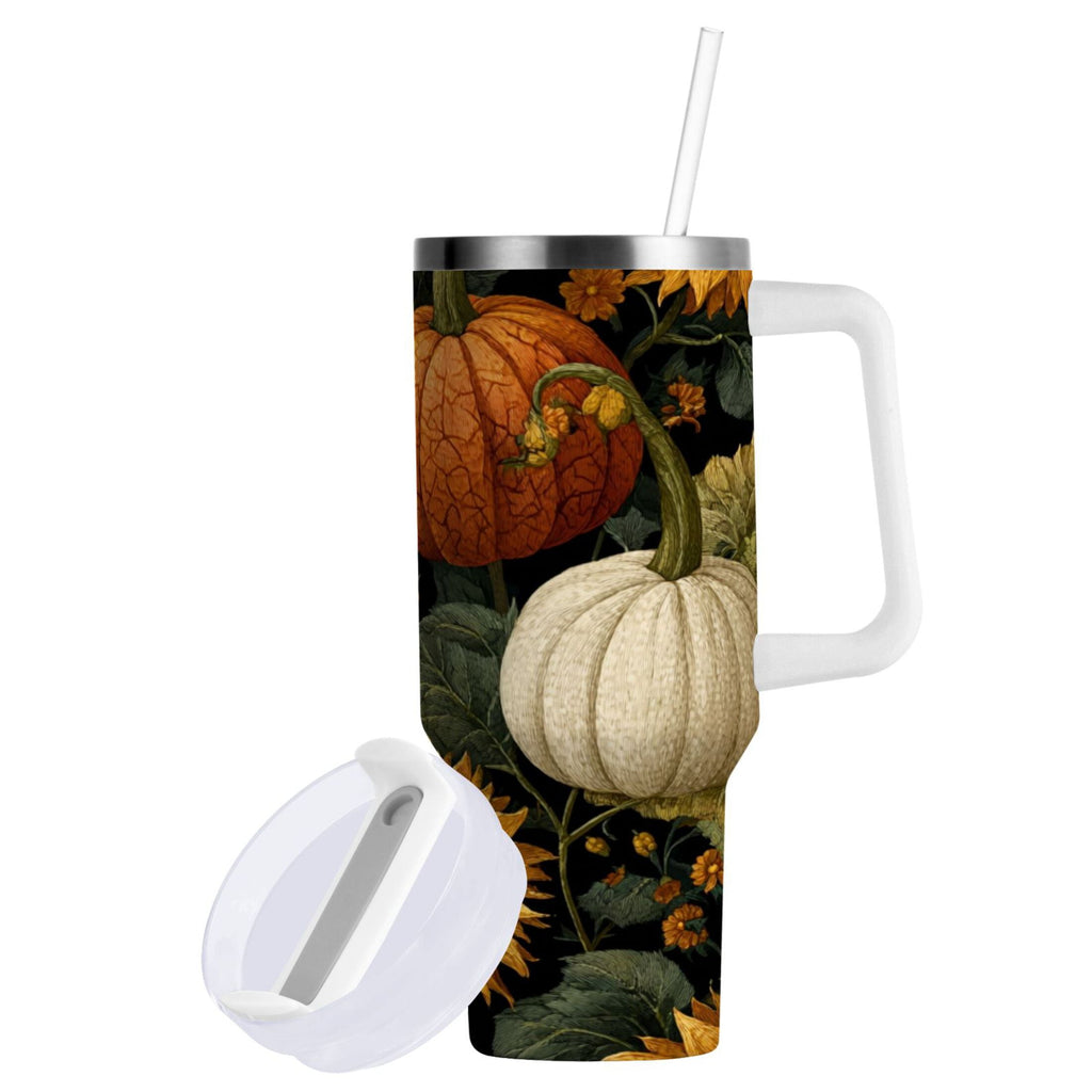 40 oz Insulated Stainless Steel Tumbler Double Wall Stainless Steel Tumbler with 2-Way Drinking Pumpkins and Sunflowers Pattern - 8WLD
