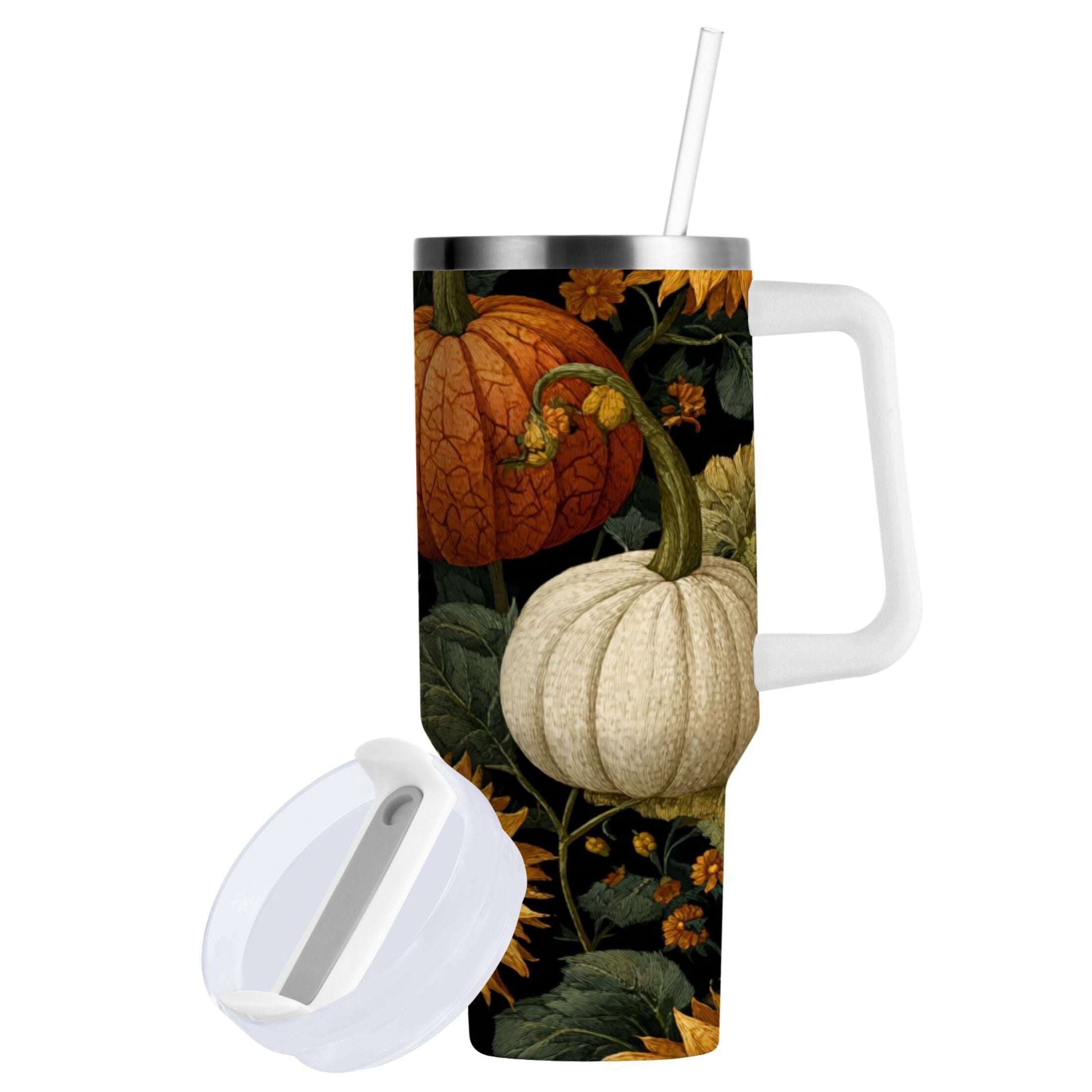 40 oz Insulated Stainless Steel Tumbler Double Wall Stainless Steel Tumbler with 2-Way Drinking Pumpkins and Sunflowers Pattern - 8WLD