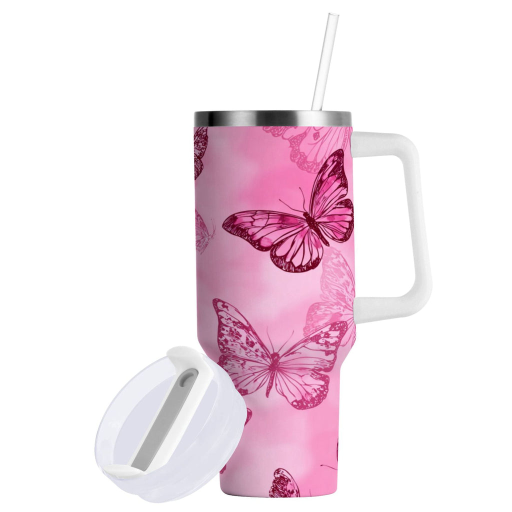 40 oz Insulated Stainless Steel Tumbler Double Wall Stainless Steel Tumbler with 2-Way Drinking Pink Butterfly Pattern - FMB4