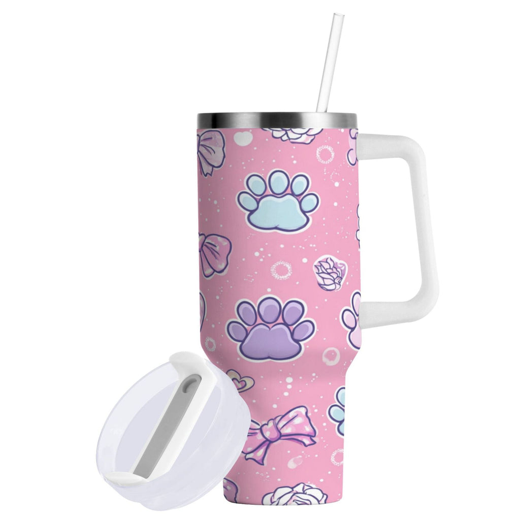 30 oz Insulated Stainless Steel Tumbler Double Wall Stainless Steel Tumbler with 2-Way Drinking Dog Paw Prints and Bows - QSKK