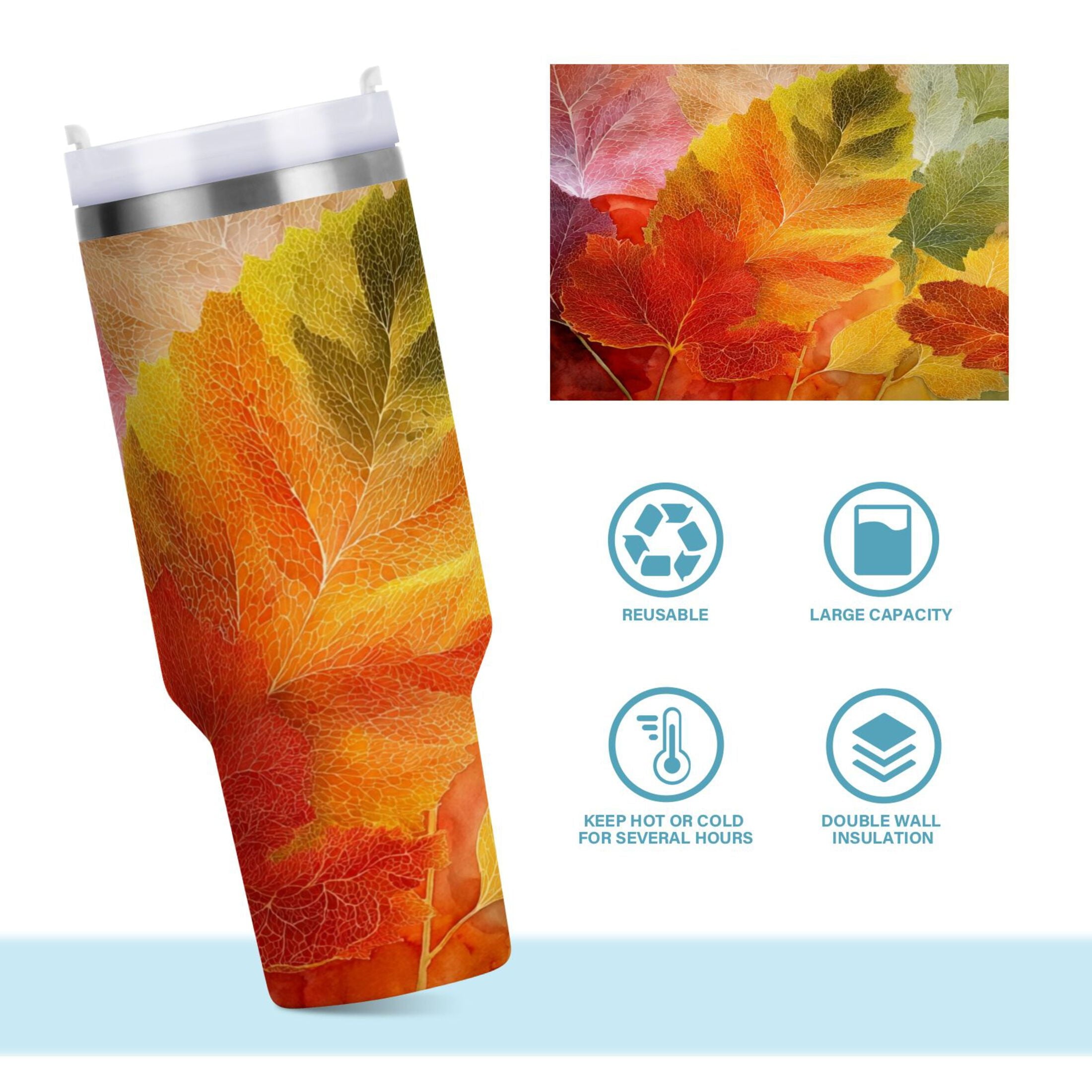 30 oz Insulated Stainless Steel Tumbler Double Wall Stainless Steel Tumbler with 2-Way Drinking Various Shades Autumn Leaves - 5FA4