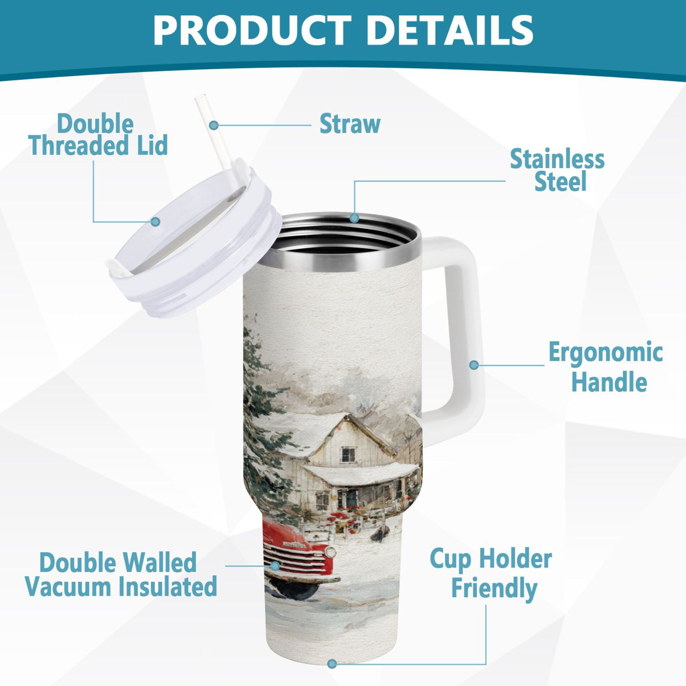 30 oz Insulated Stainless Steel Tumbler Double Wall Stainless Steel Tumbler with 2-Way Drinking Truck with Christmas Decorations - F1JV