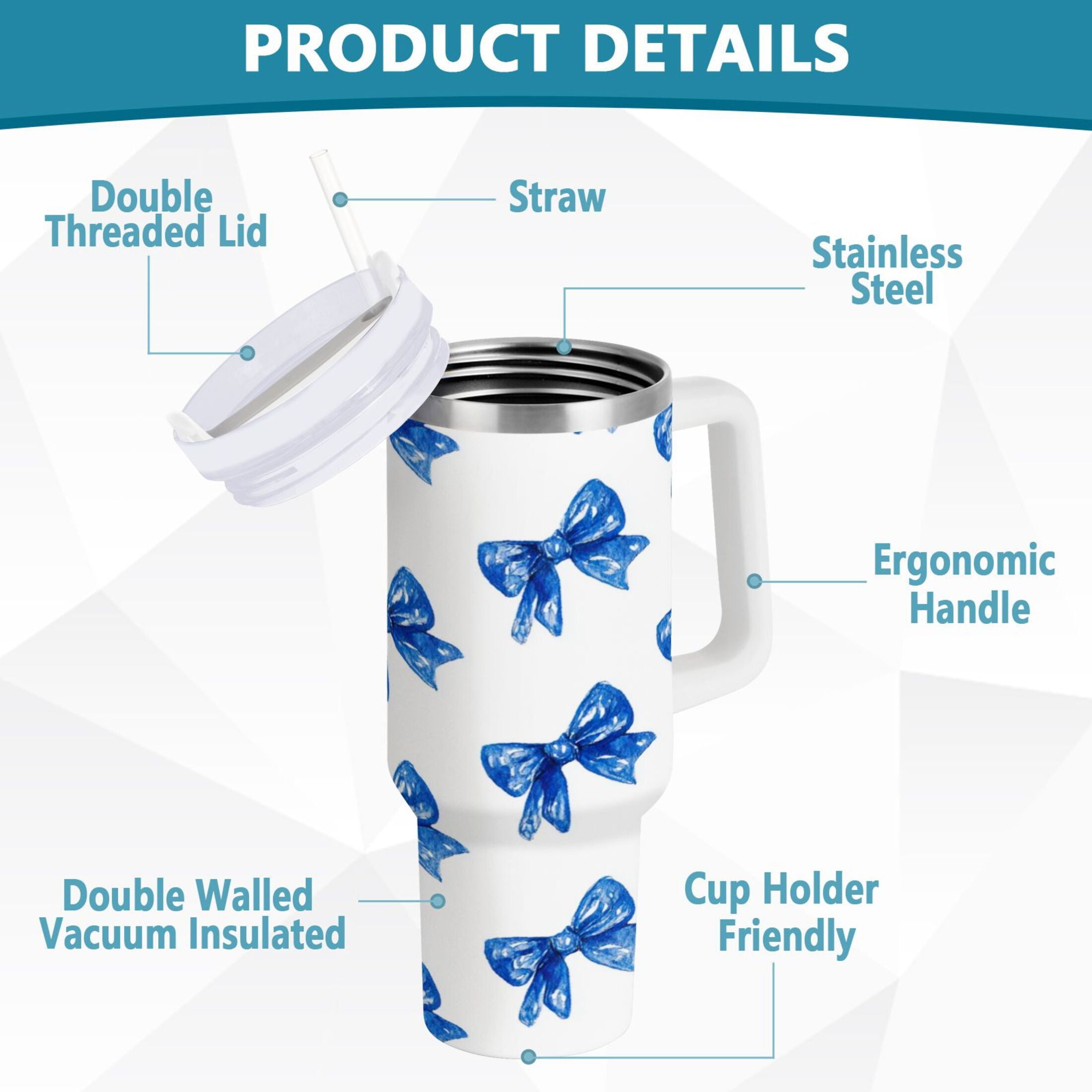 30 oz Insulated Stainless Steel Tumbler Double Wall Stainless Steel Tumbler with 2-Way Drinking Blue Bows Pattern - 3BA5