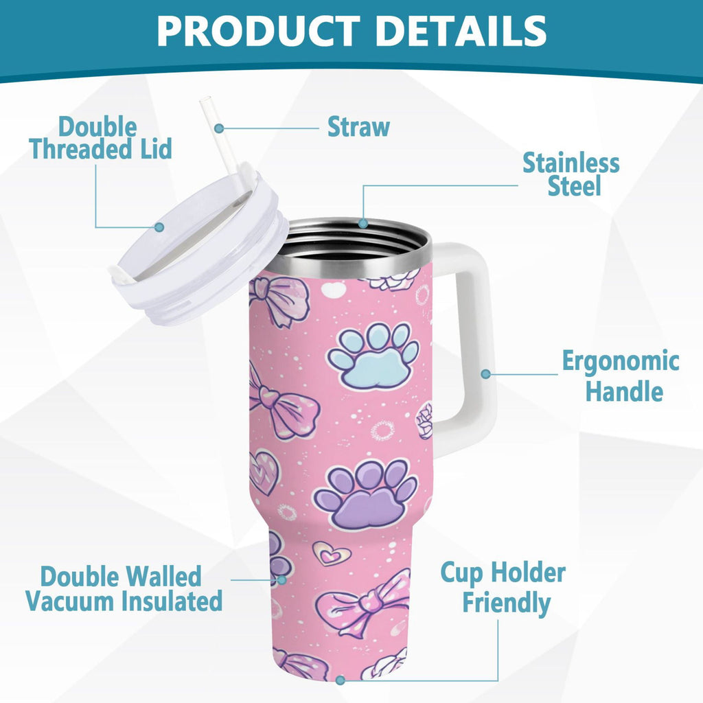 30 oz Insulated Stainless Steel Tumbler Double Wall Stainless Steel Tumbler with 2-Way Drinking Dog Paw Prints and Bows - QSKK