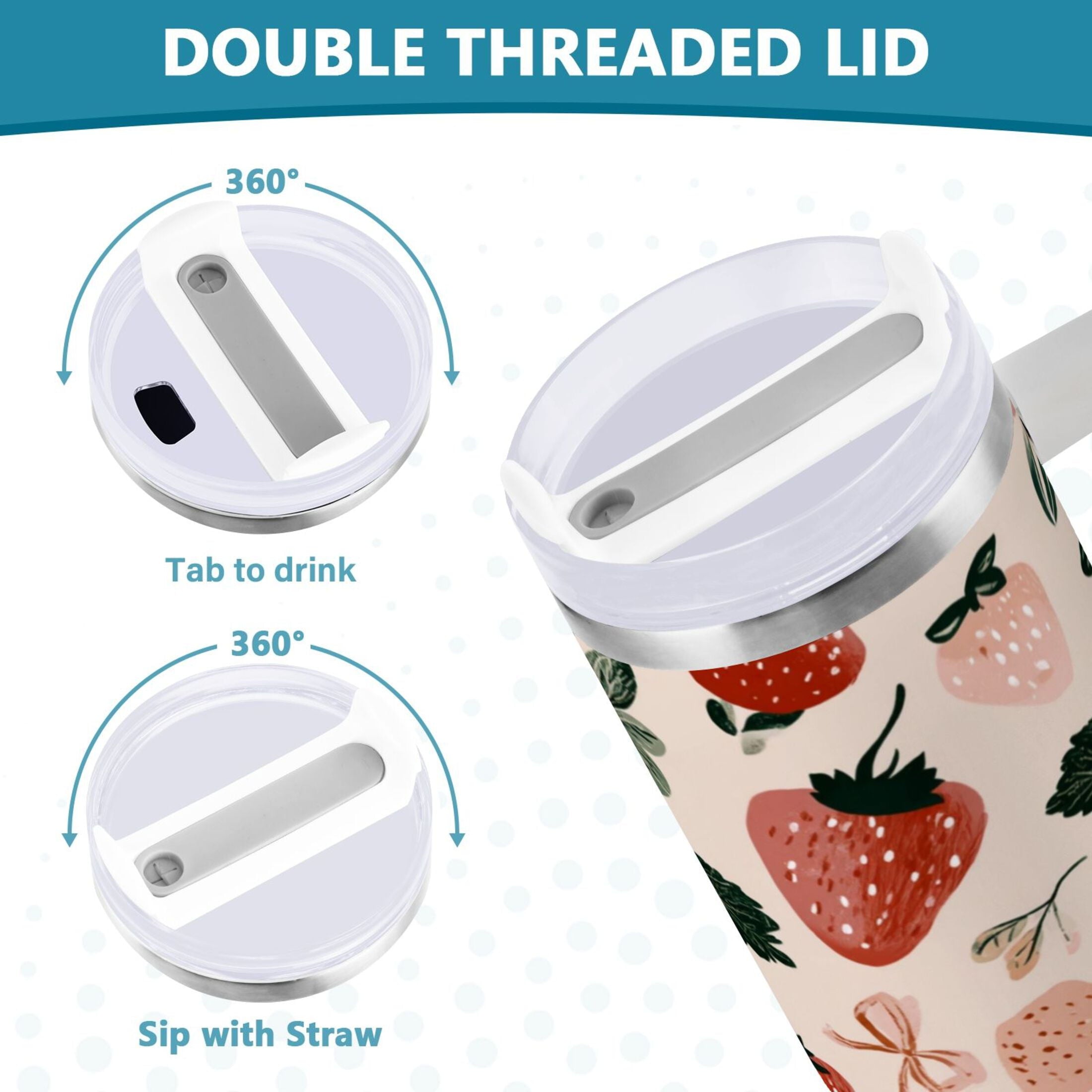 30 oz Insulated Stainless Steel Tumbler Double Wall Stainless Steel Tumbler with 2-Way Drinking Cute Pinks Strawberries - LON2