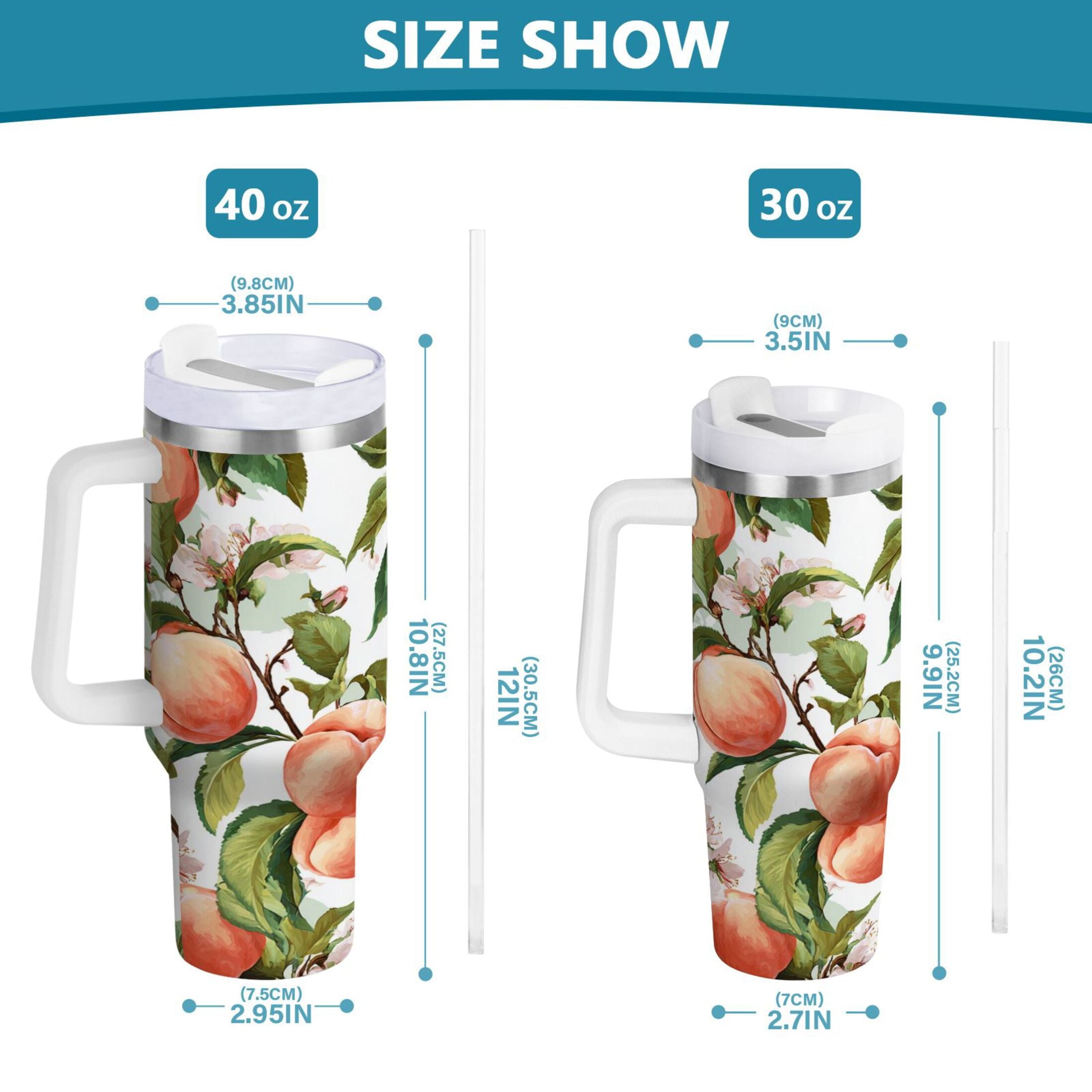 30 oz Insulated Stainless Steel Tumbler Double Wall Stainless Steel Tumbler with 2-Way Drinking Peach Fruit Pattern - ZPM5
