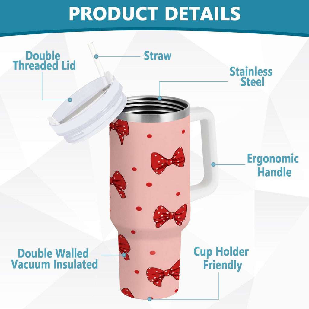 40 oz Insulated Stainless Steel Tumbler Double Wall Stainless Steel Tumbler with 2-Way Drinking Red Bows and Polka Dots - 3CF0