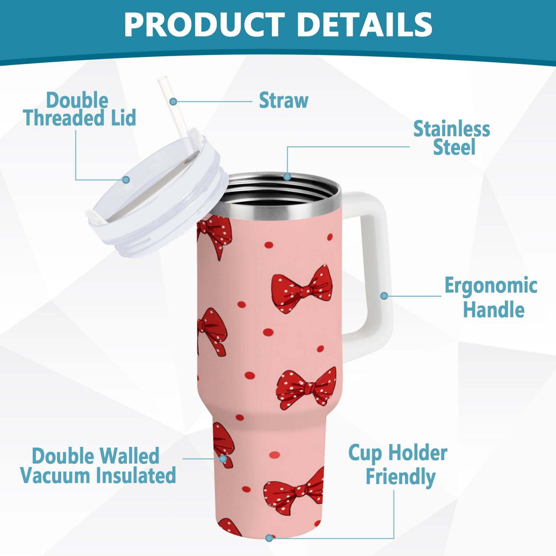 40 oz Insulated Stainless Steel Tumbler Double Wall Stainless Steel Tumbler with 2-Way Drinking Red Bows and Polka Dots - 3CF0