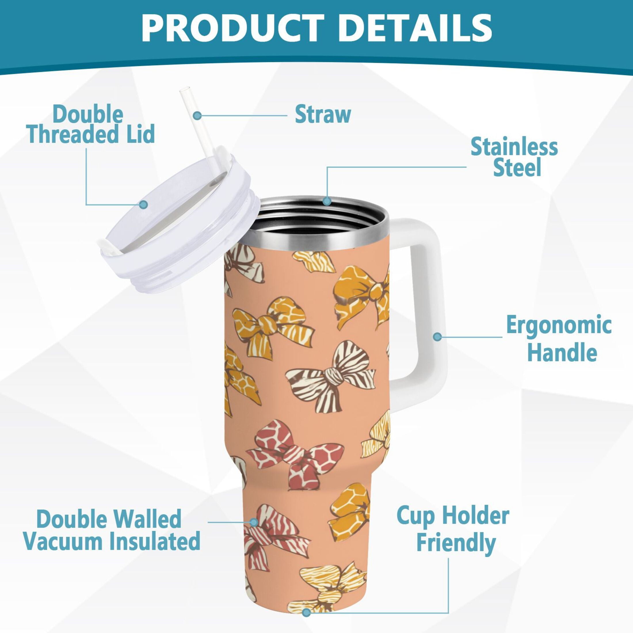 40 oz Insulated Stainless Steel Tumbler Double Wall Stainless Steel Tumbler with 2-Way Drinking Cute Animal Print Bows - FW5V
