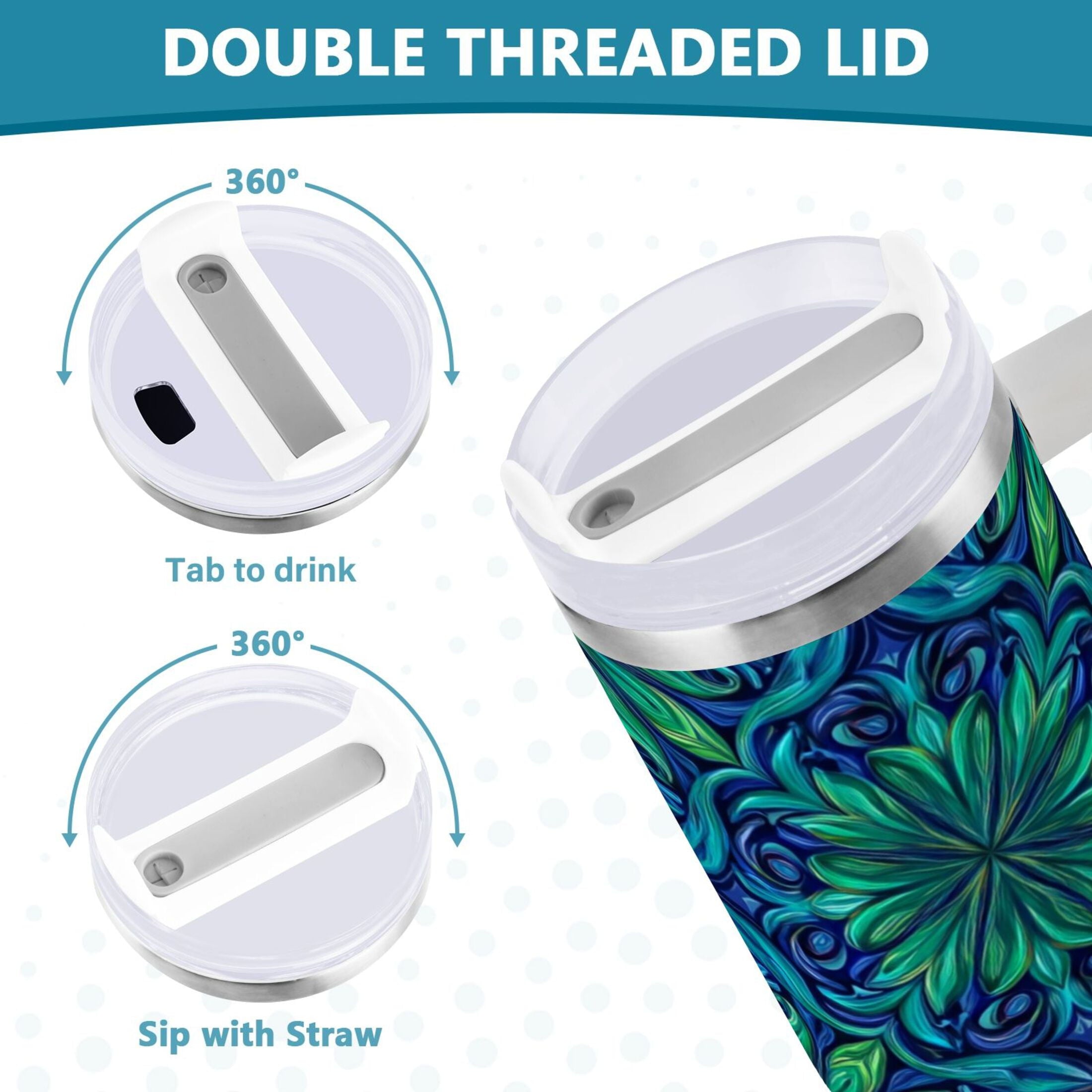40 oz Insulated Stainless Steel Tumbler Double Wall Stainless Steel Tumbler with 2-Way Drinking Elegant Blue Traditional Patterns - W90O
