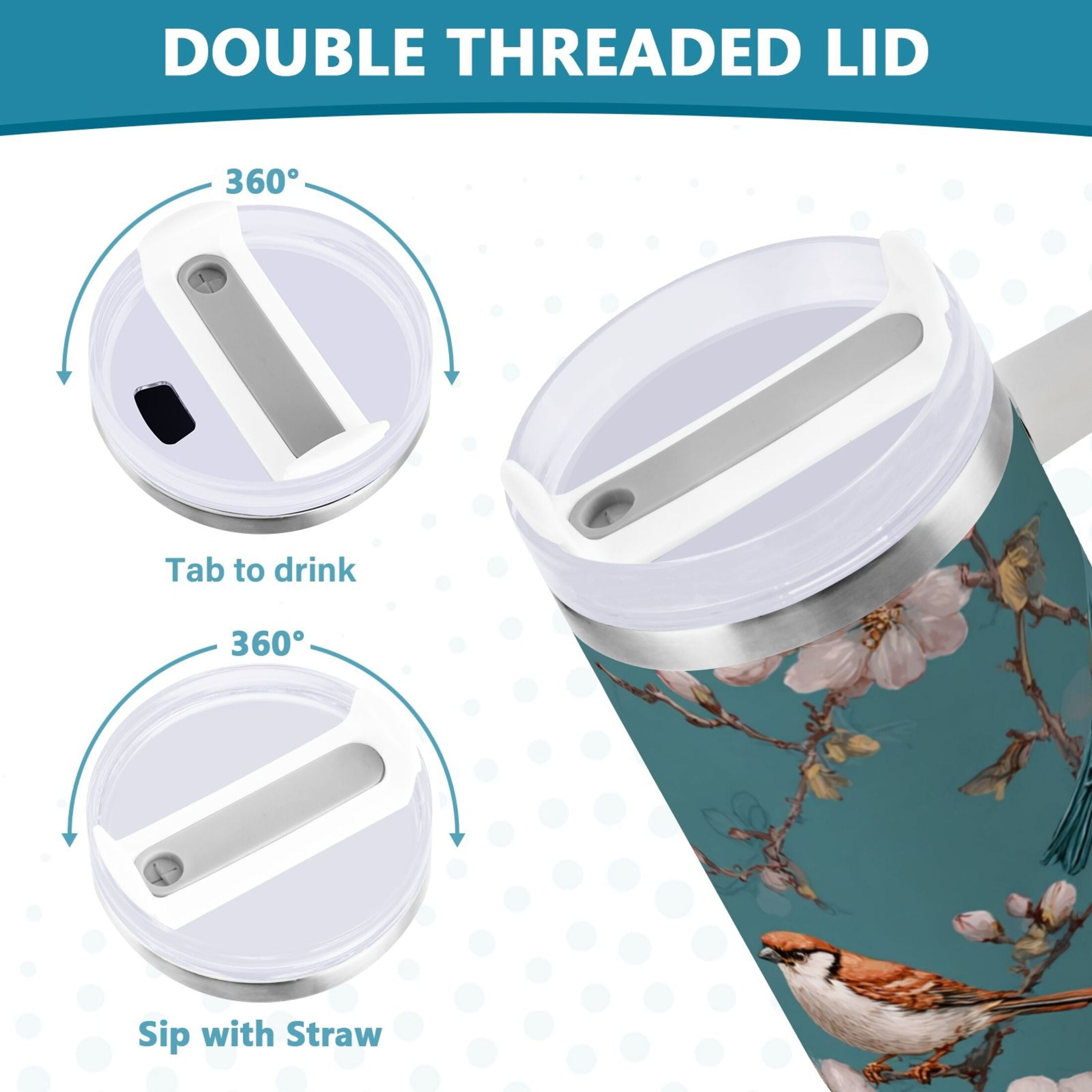 30 oz Insulated Stainless Steel Tumbler Double Wall Stainless Steel Tumbler with 2-Way Drinking Birds and Cherry Pattern - I5FV