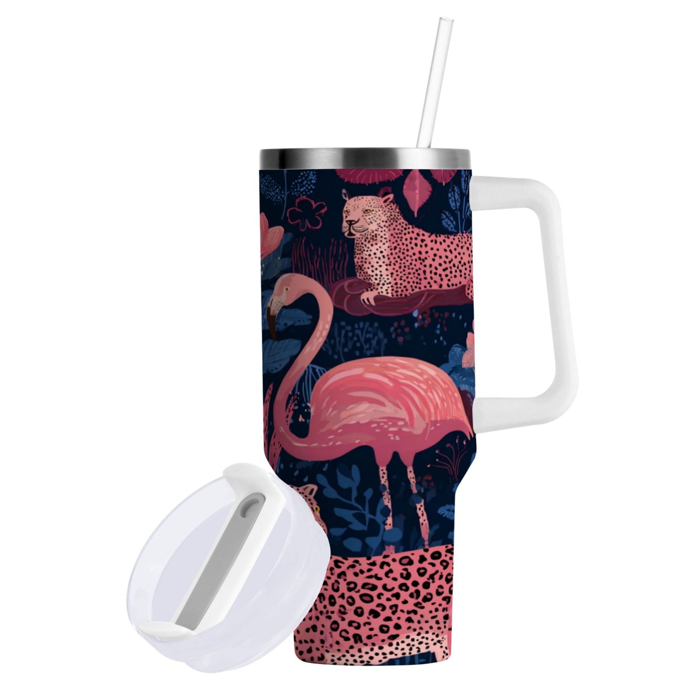 30 oz Insulated Stainless Steel Tumbler Double Wall Stainless Steel Tumbler with 2-Way Drinking Flamingos and Leopard Print - R10E