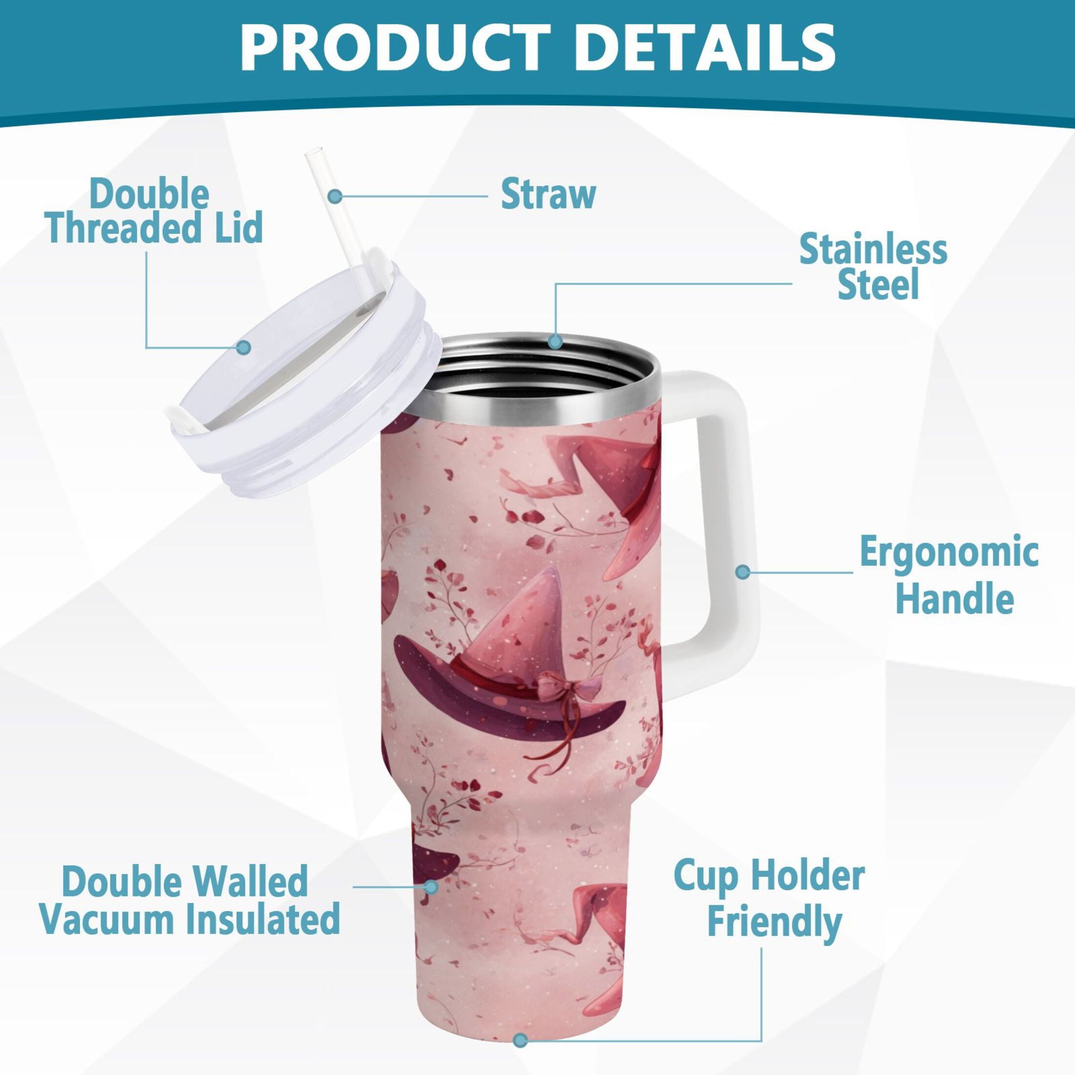 30 oz Insulated Stainless Steel Tumbler Double Wall Stainless Steel Tumbler with 2-Way Drinking Hats with Delicate Bows - G5GX