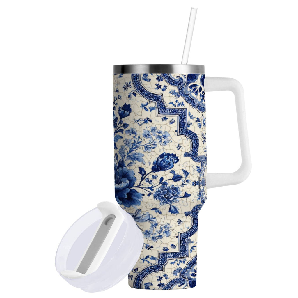 30 oz Insulated Stainless Steel Tumbler Double Wall Stainless Steel Tumbler with 2-Way Drinking Blue and White Porcelain-style - 4WF2