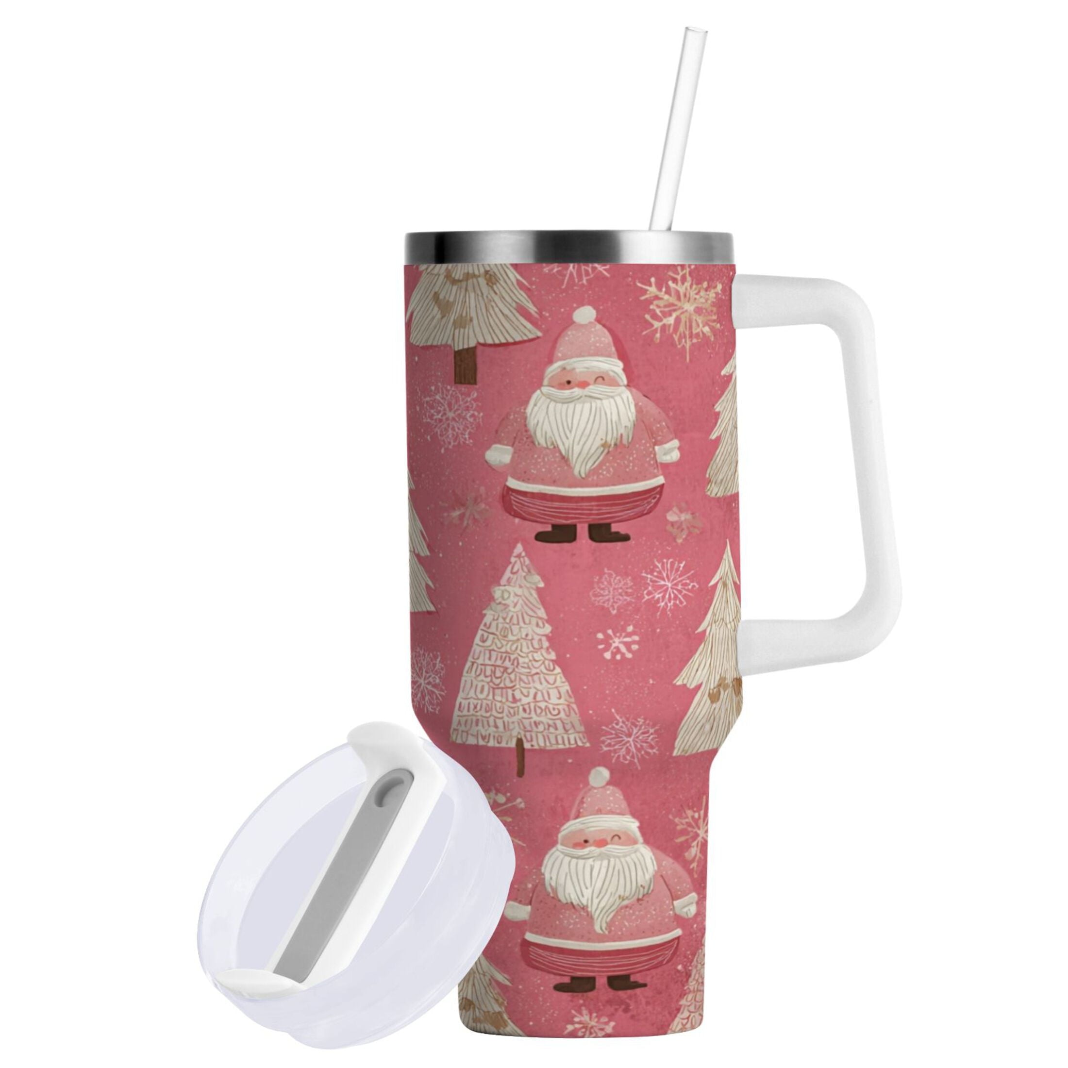 40 oz Insulated Stainless Steel Tumbler Double Wall Stainless Steel Tumbler with 2-Way Drinking Pink Santa Claus Pattern - SZTV