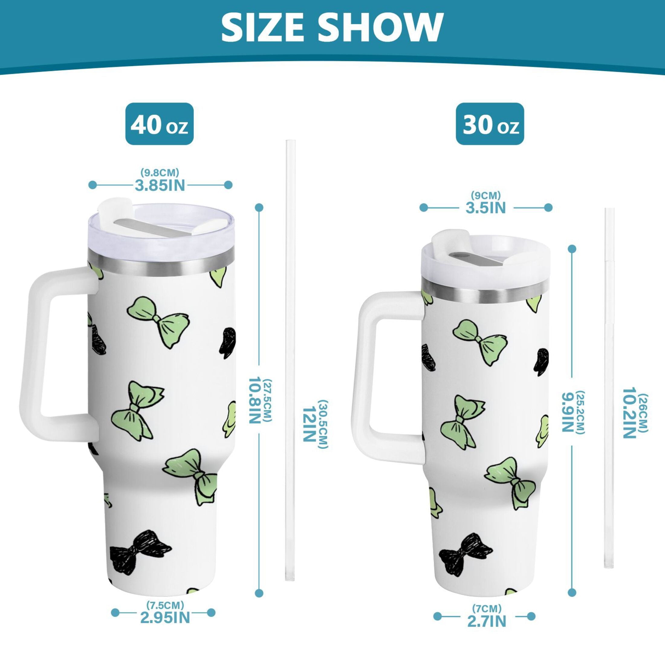 40 oz Insulated Stainless Steel Tumbler Double Wall Stainless Steel Tumbler with 2-Way Drinking Green and Black Bows - YM13