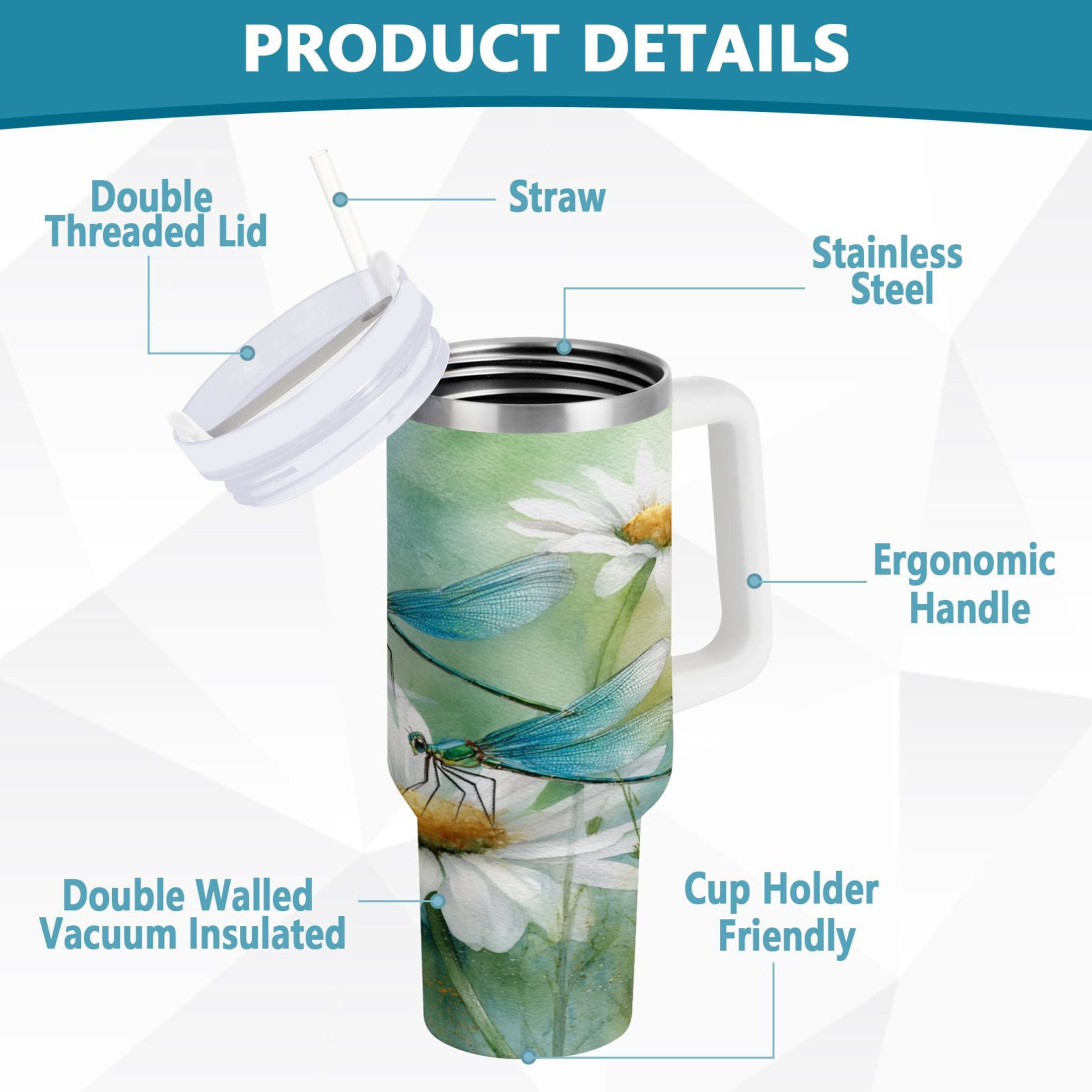 30 oz Insulated Stainless Steel Tumbler Double Wall Stainless Steel Tumbler with 2-Way Drinking Beautiful Dragonflies and Daisies - VZ2H